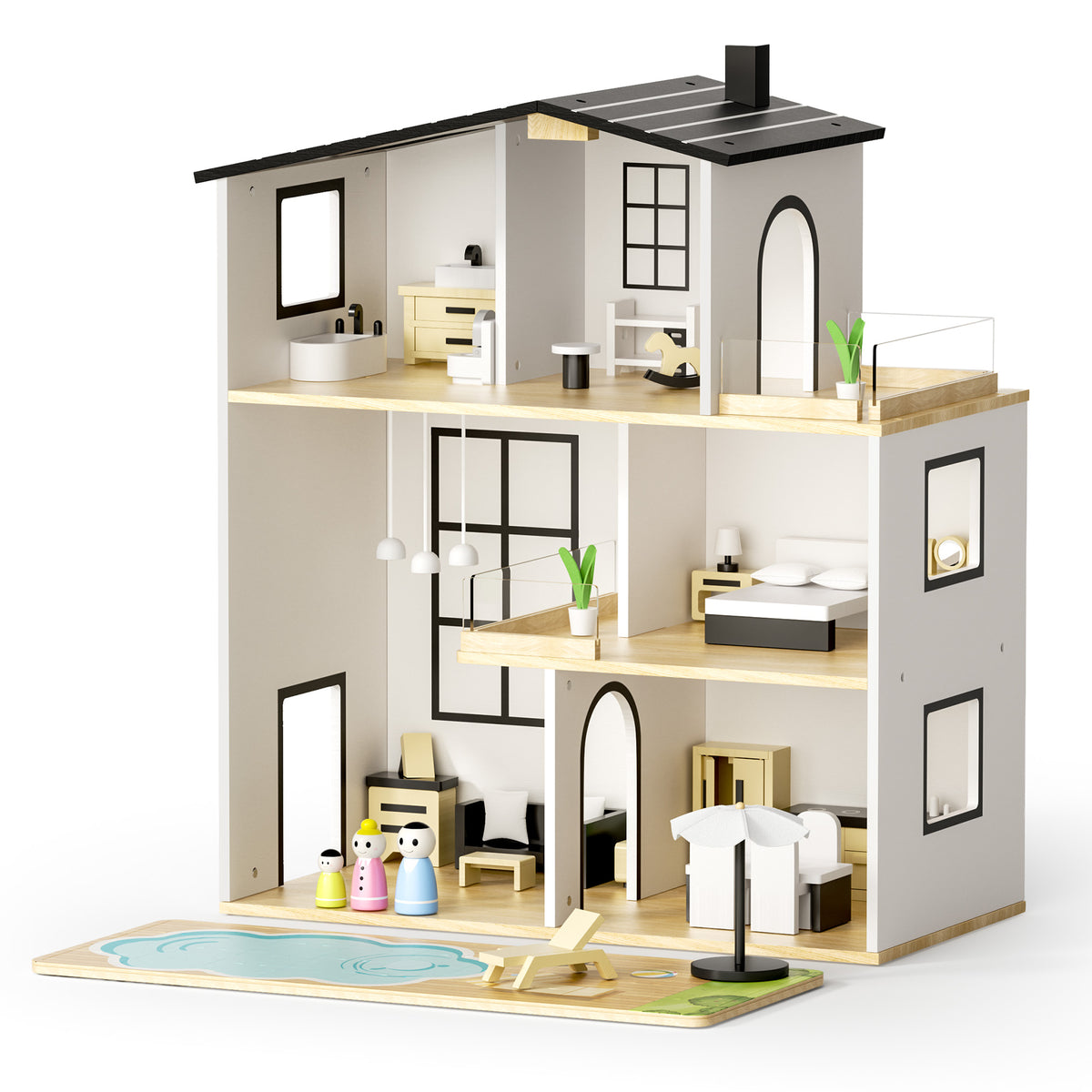 LINLUX 3-Story Wooden Dollhouse for Kids with Furniture & Pool Puzzle, Pretend Play House, White