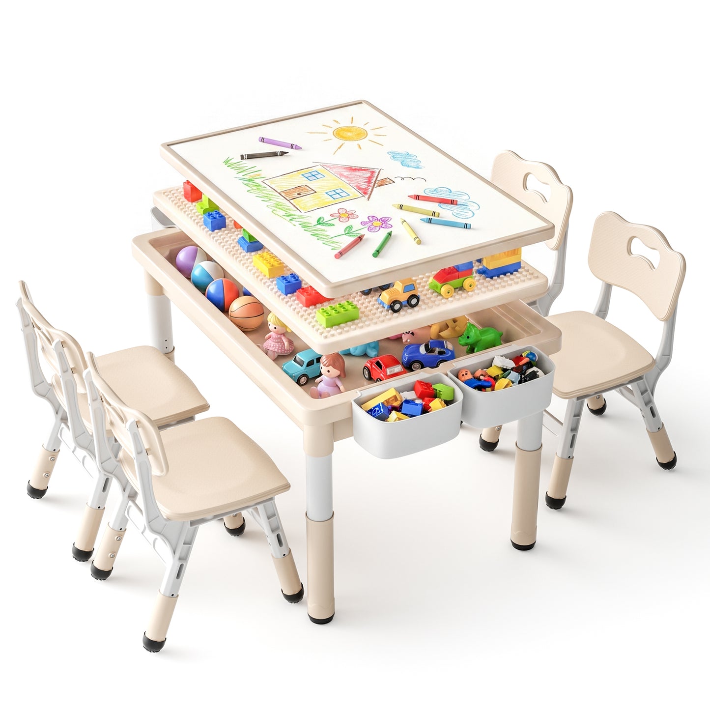 LINLUX Kids Table and 4 Chairs Set, 3 in 1 Activity Table for Children with Removable Tabletop, Khaki