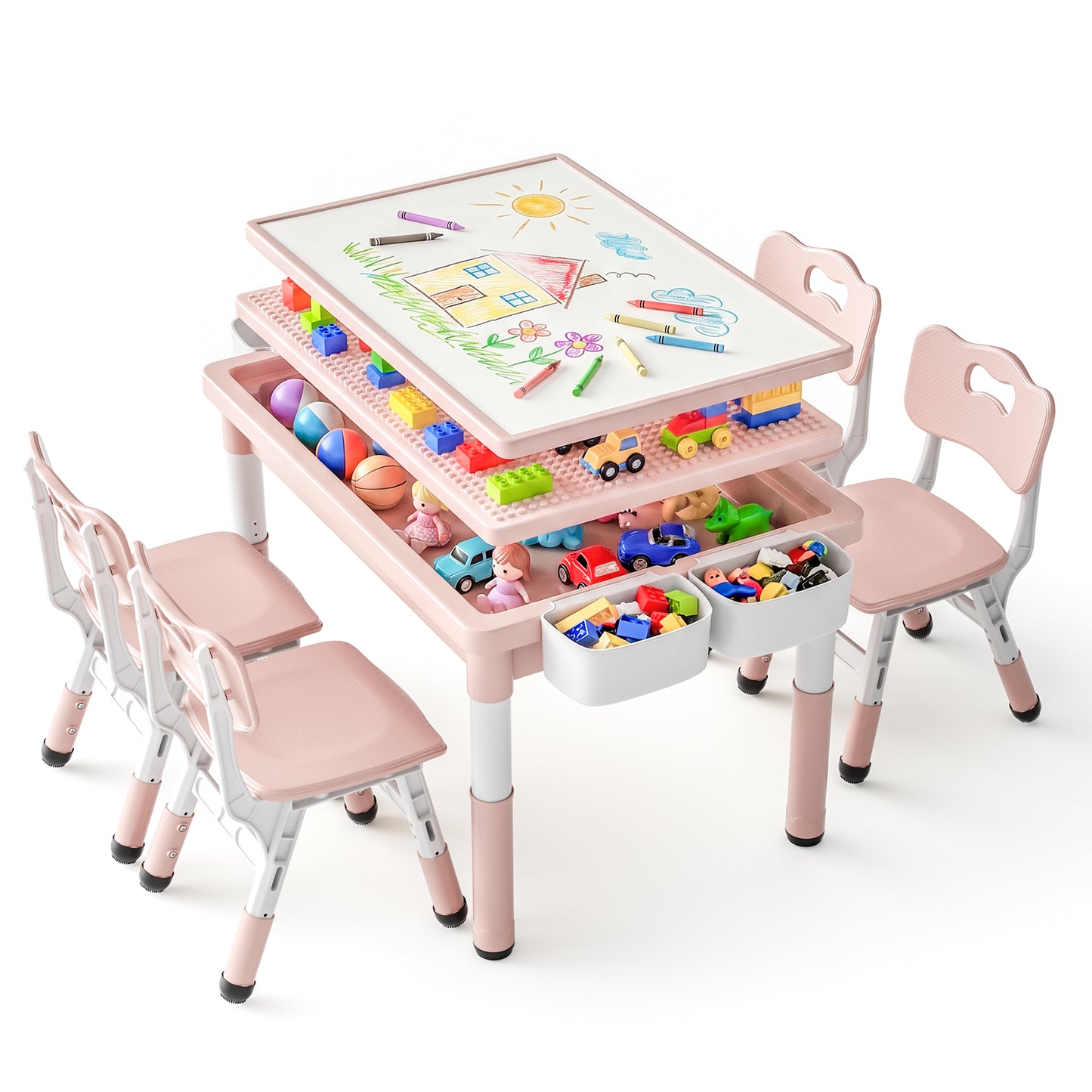 LINLUX Kids Table and 4 Chairs Set, 3 in 1 Activity Table for Children with Removable Tabletop, Pink