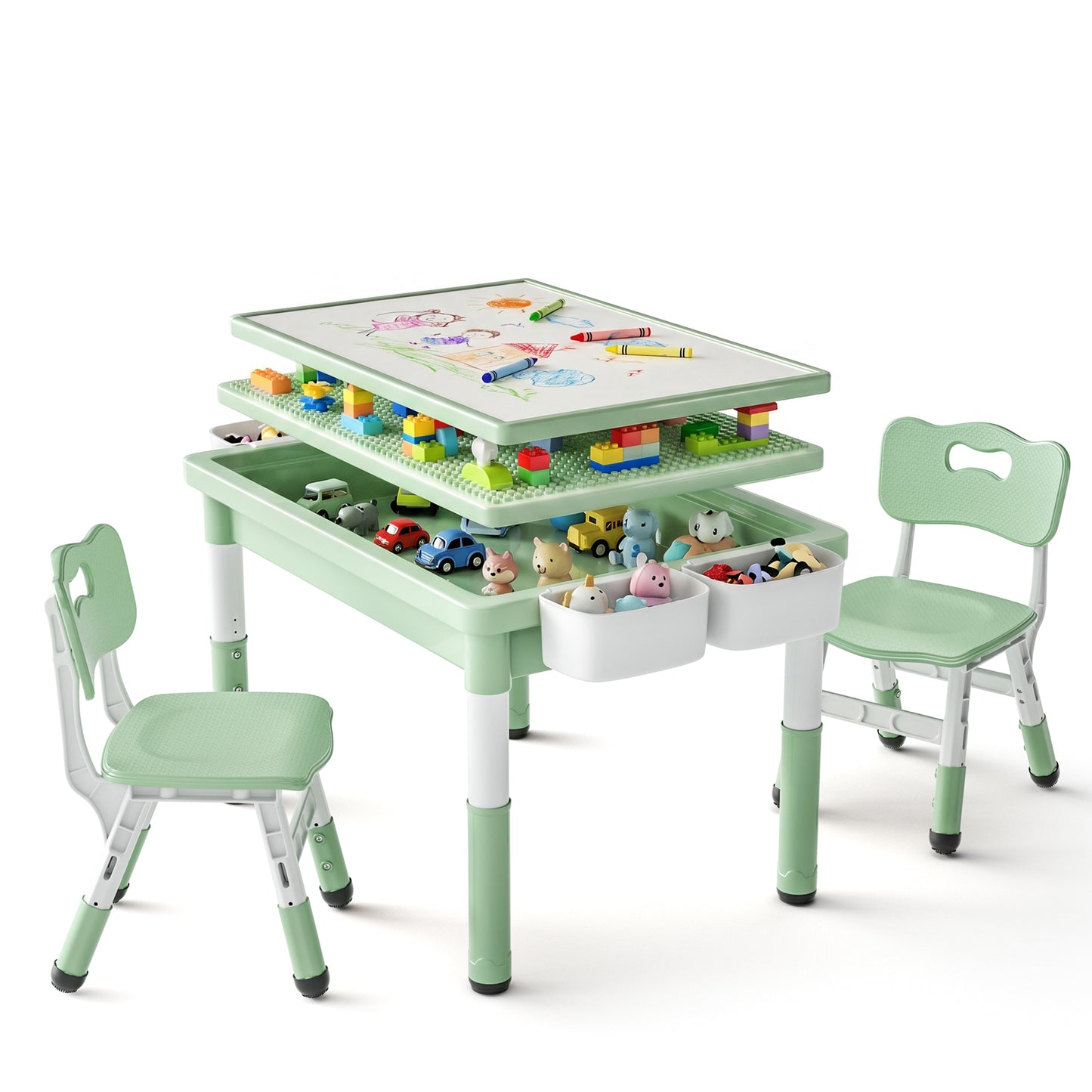 LINLUX Kids Table and Chair Set, 3 in 1 Activity Table for Children w/ Removable Tabletop, Green