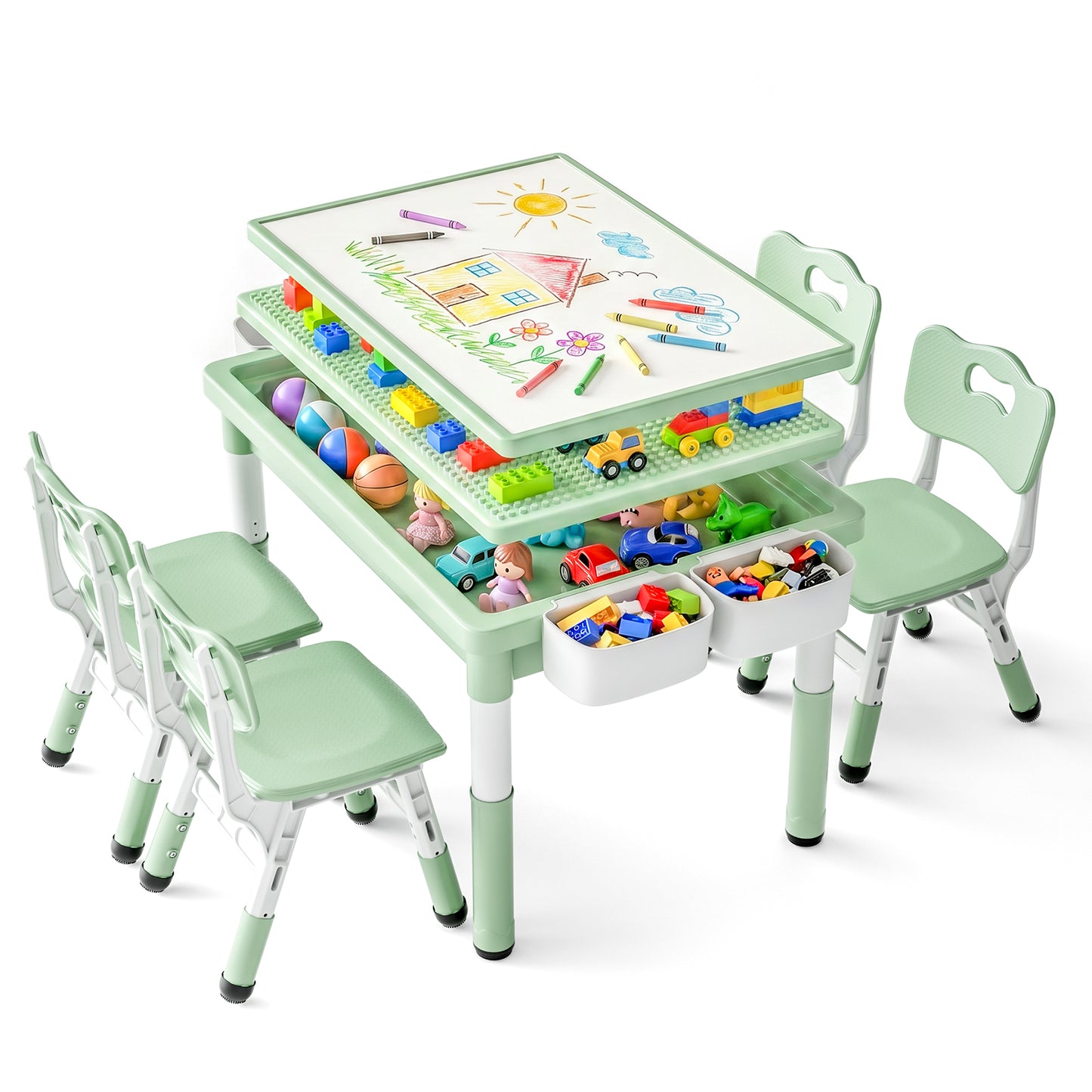LINLUX Kids Table and 4 Chairs Set, 3 in 1 Activity Table for Children with Removable Tabletop, Green
