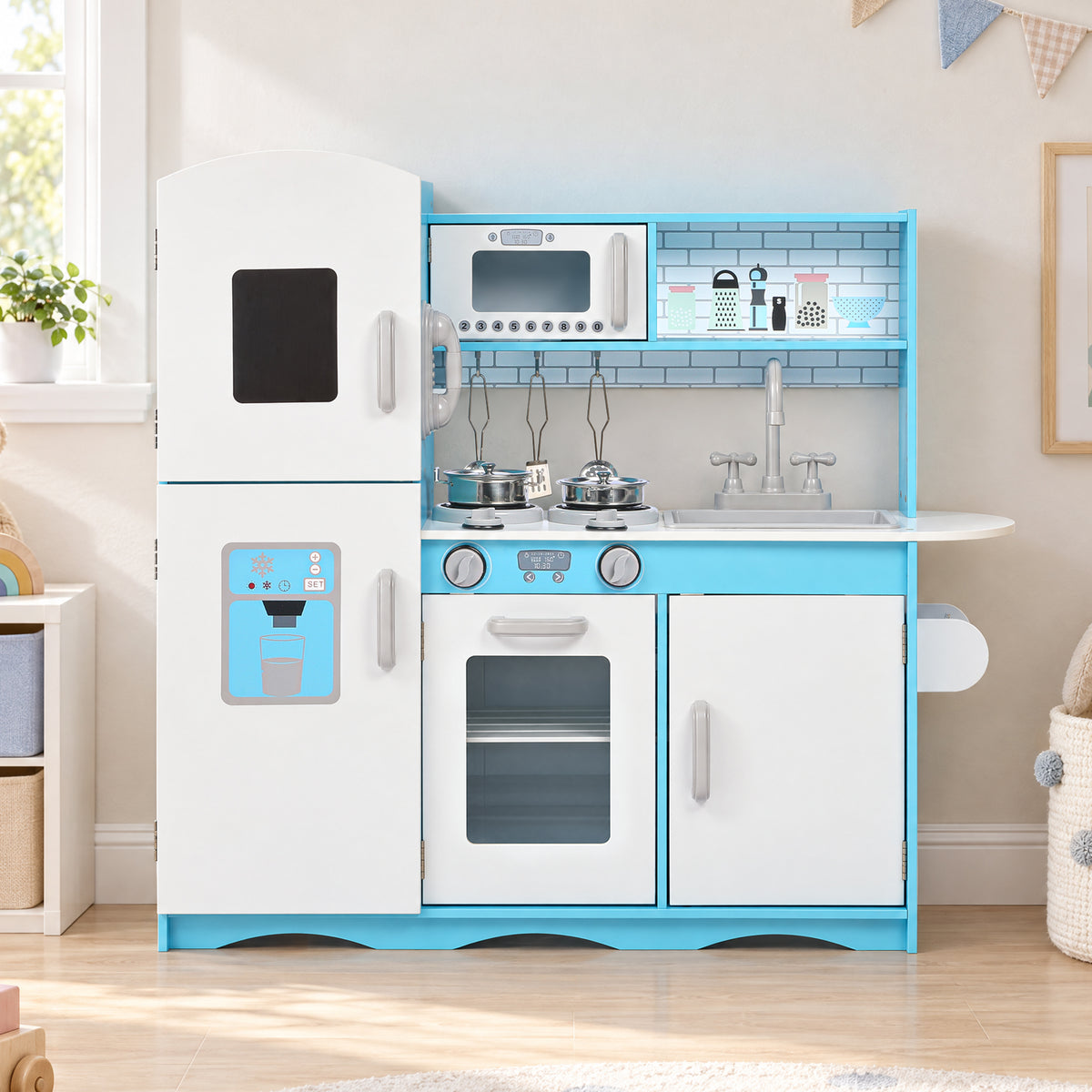 LINLUX Wooden Kids Play Kitchen Set,Pretend Kitchen with Sound & Light Cooktop,Sink & Accessories,Blue