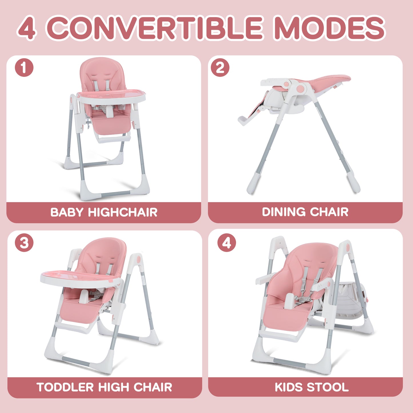 AILEEKISS Foldable High Chair for Baby, Toddler Eating Chair with Detachable Double Trays, Pink