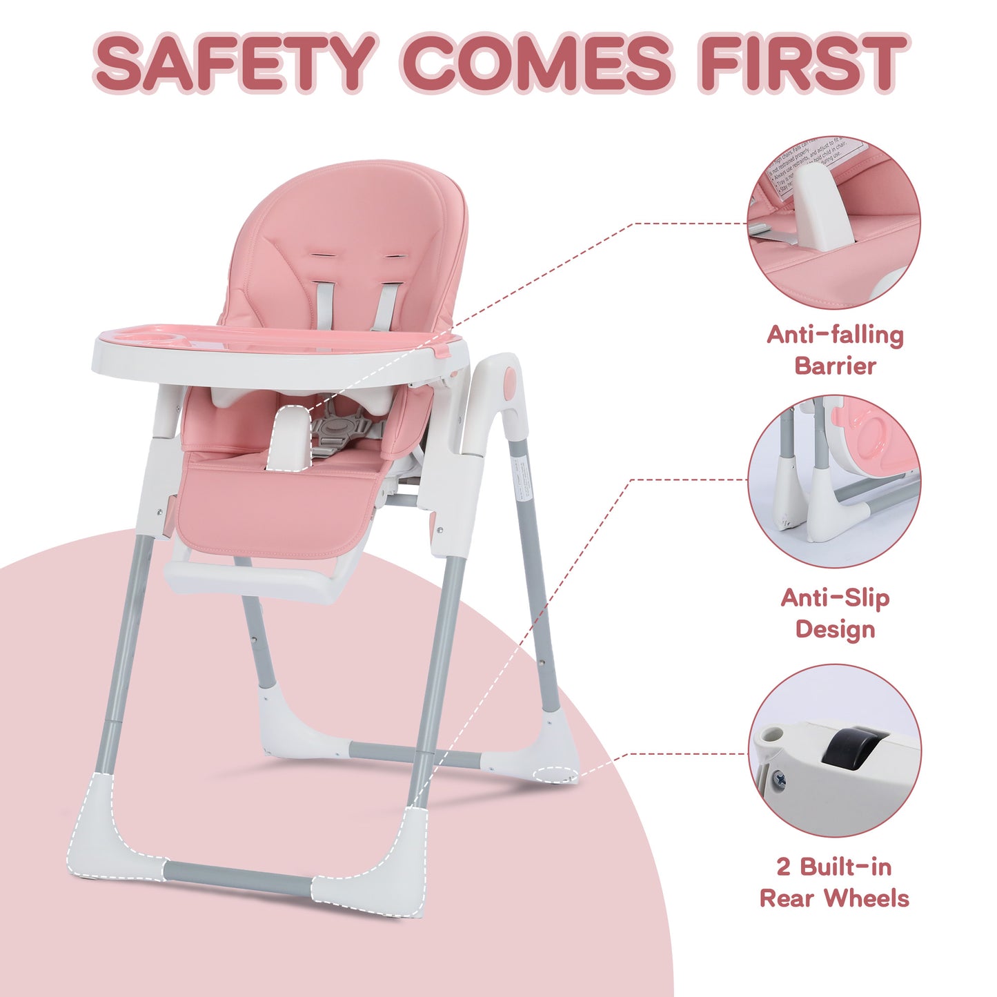 AILEEKISS Foldable High Chair for Baby, Toddler Eating Chair with Detachable Double Trays, Pink