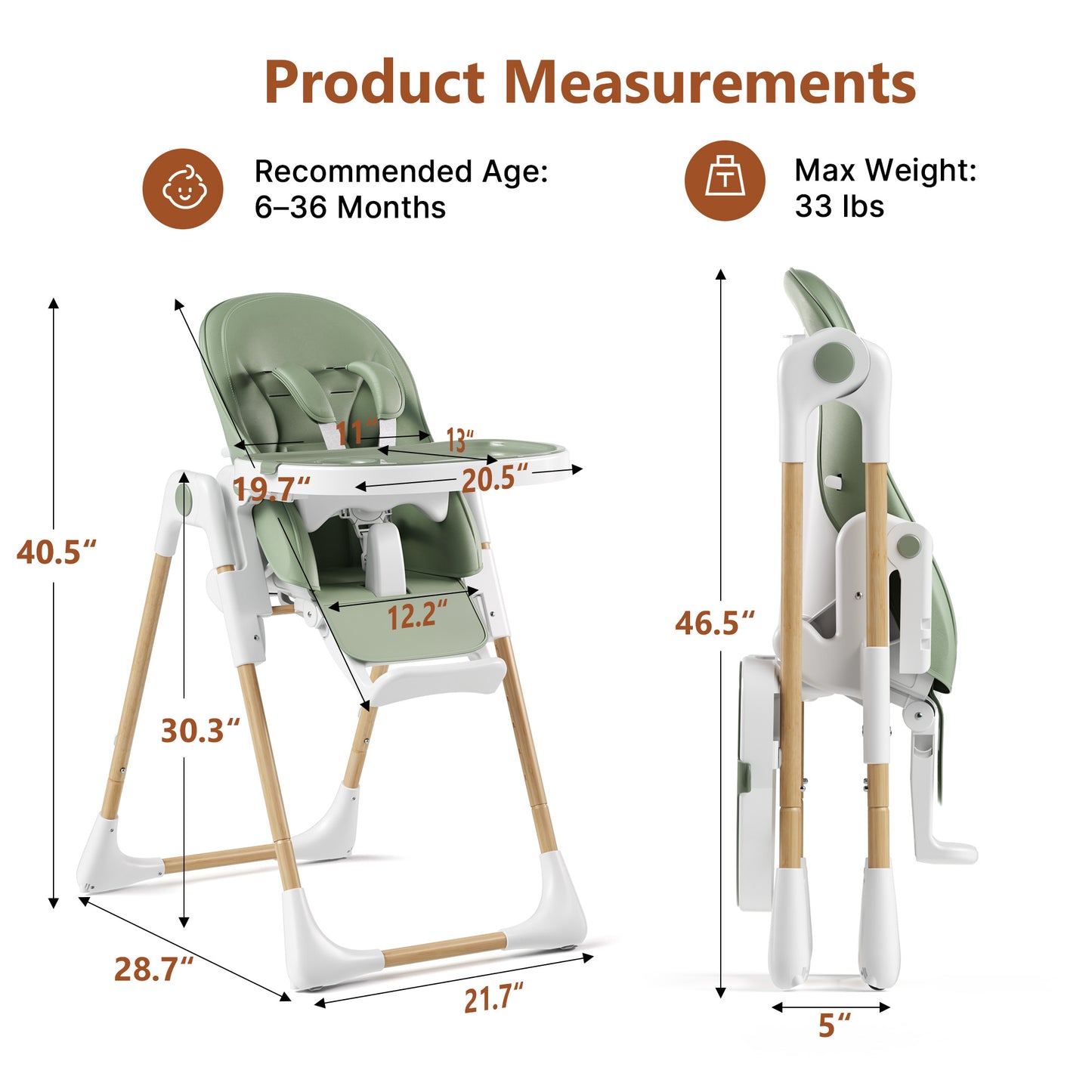 LINLUX Foldable High Chair for Babies, Toddler Eating Chair with Detachable Double Trays, Green