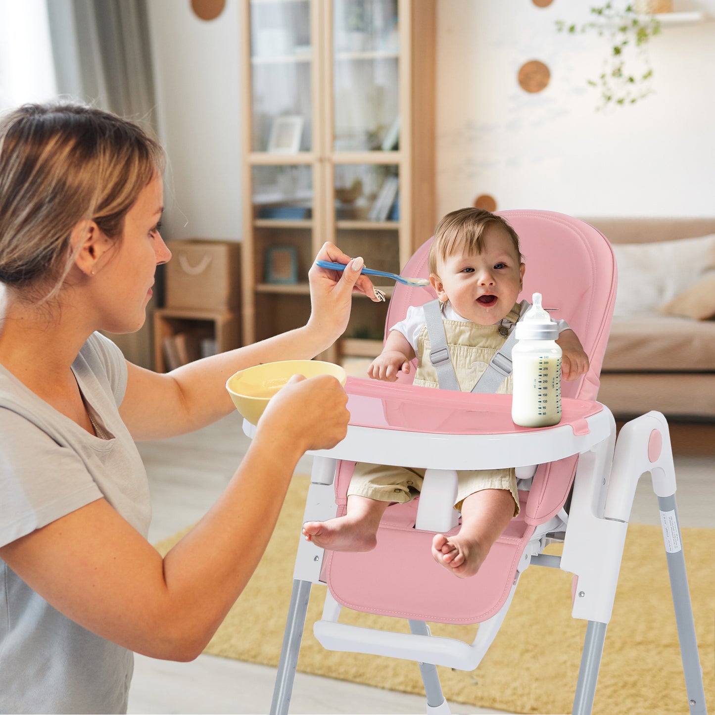AILEEKISS Foldable High Chair for Baby, Toddler Eating Chair with Detachable Double Trays, Pink