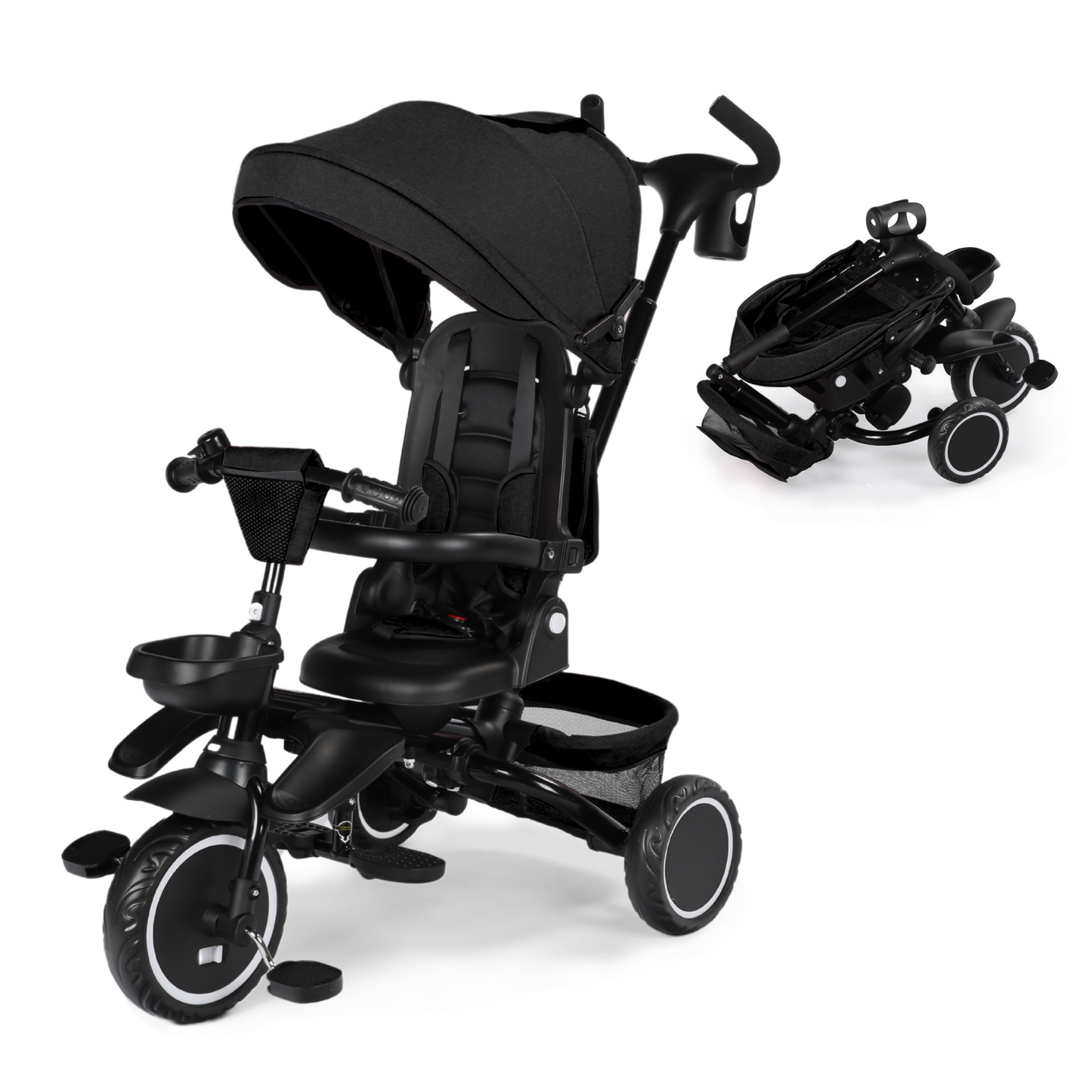 LINLUX 8 in 1 Kids Tricycle, Folding Toddler Trike with Push Handle, Tricycle for Kids, Black