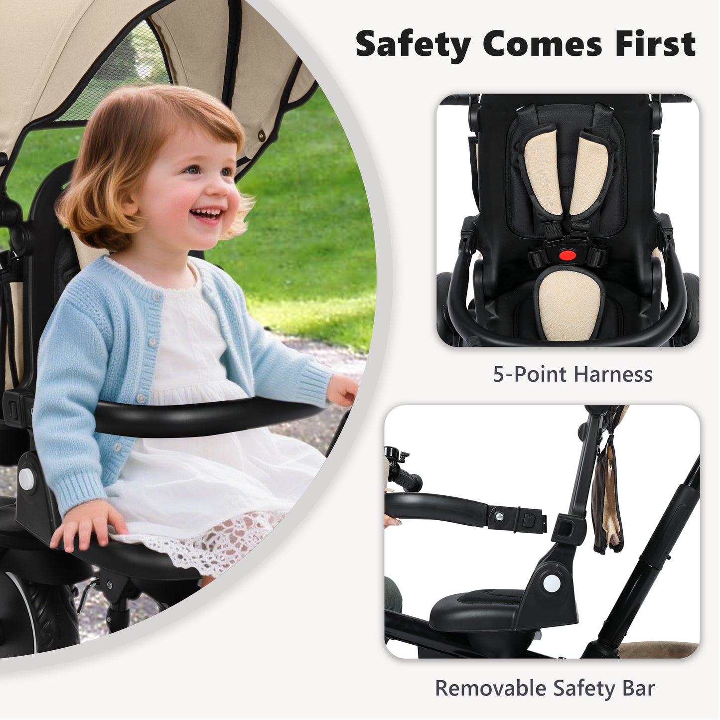 AILEEKISS 8-in-1 Kids' Tricycle Stroller, Folding Toddler Bicycle Unisex Ride Trike 1-6 Years, Khaki