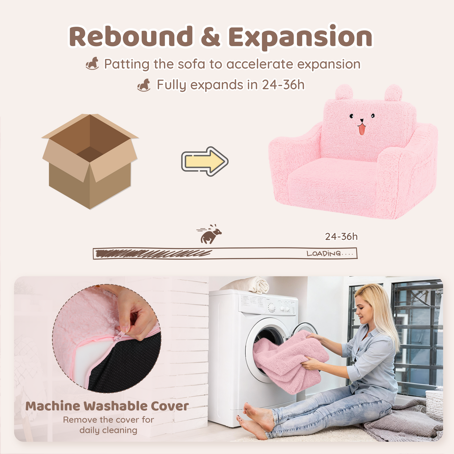 AILEEKISS Toddler Sofa, Foldable Kids Sofa Couch, Convertible Baby Lounger Chair for Playroom, Pink