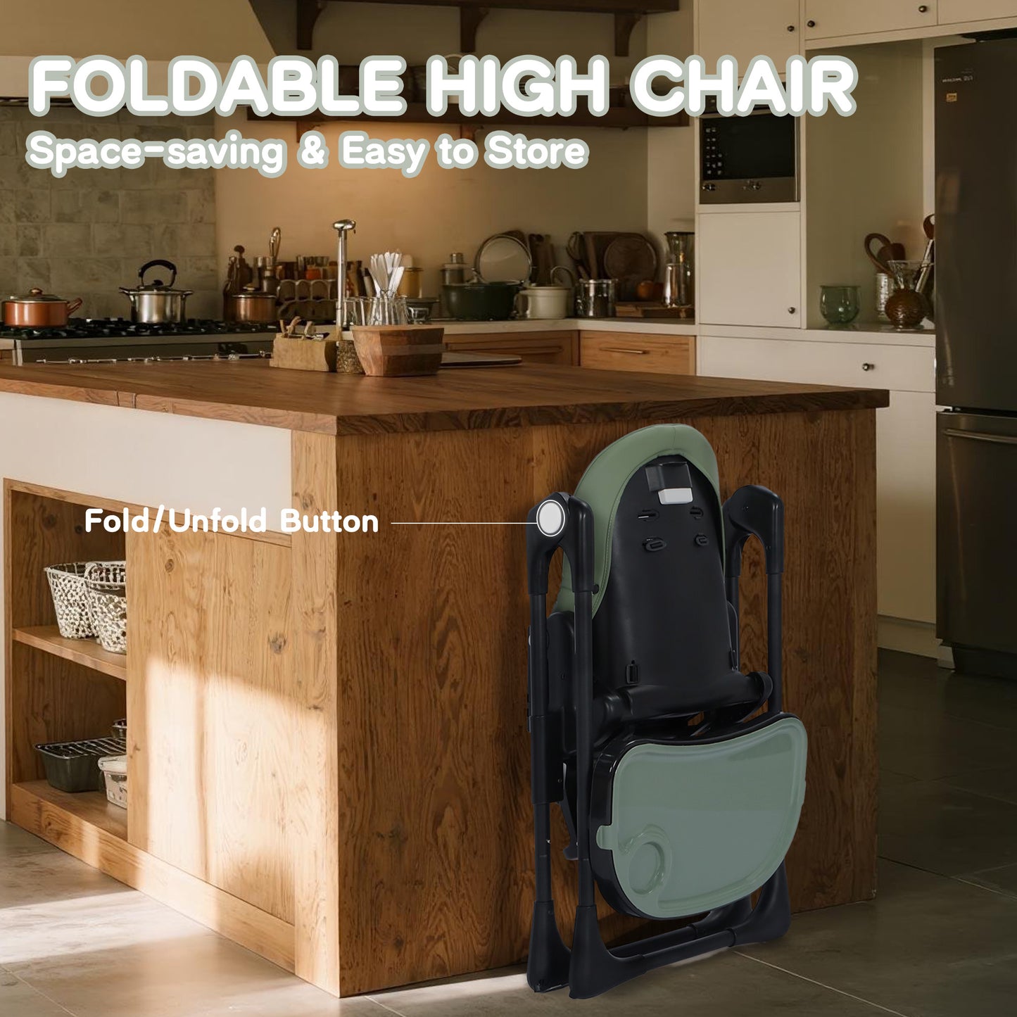 AILEEKISS Foldable High Chair for Baby, Toddler Eating Chair with Detachable Double Trays, Green
