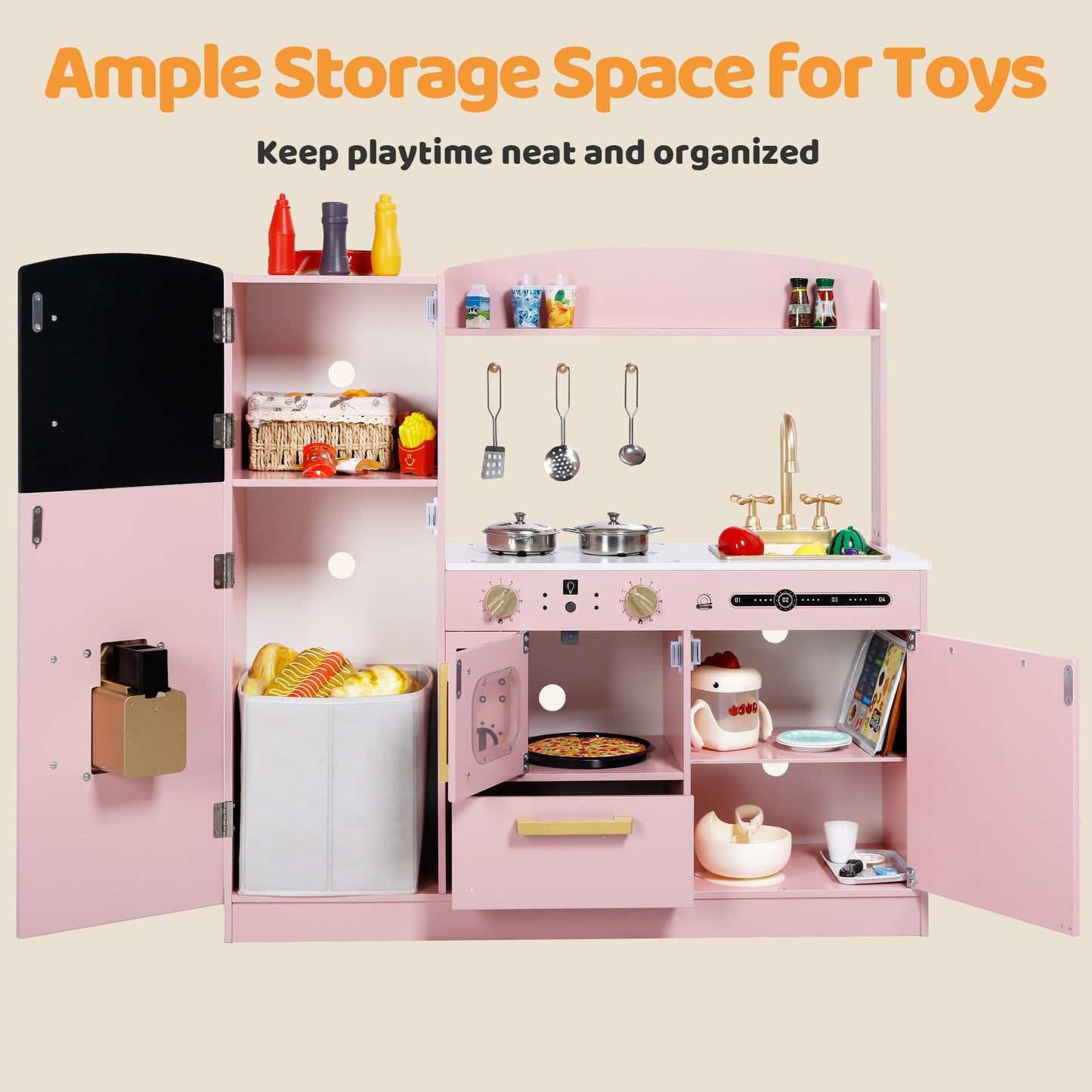 AILEEKISS Wood Kids Play Kitchen, Pretend Kitchen Playset for Children Age 3 Years up, Pink