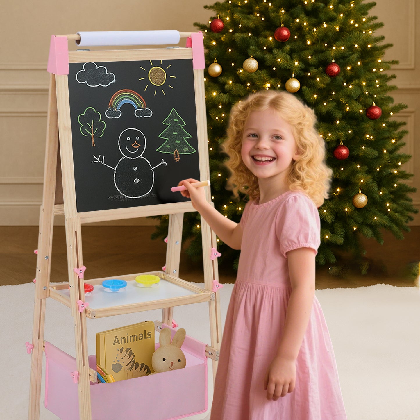 LINLUX Double-Sided Art Easel for Kids, 3 in 1 Wooden Kids Easel w/Paper Roller & Art Supplies, Pink