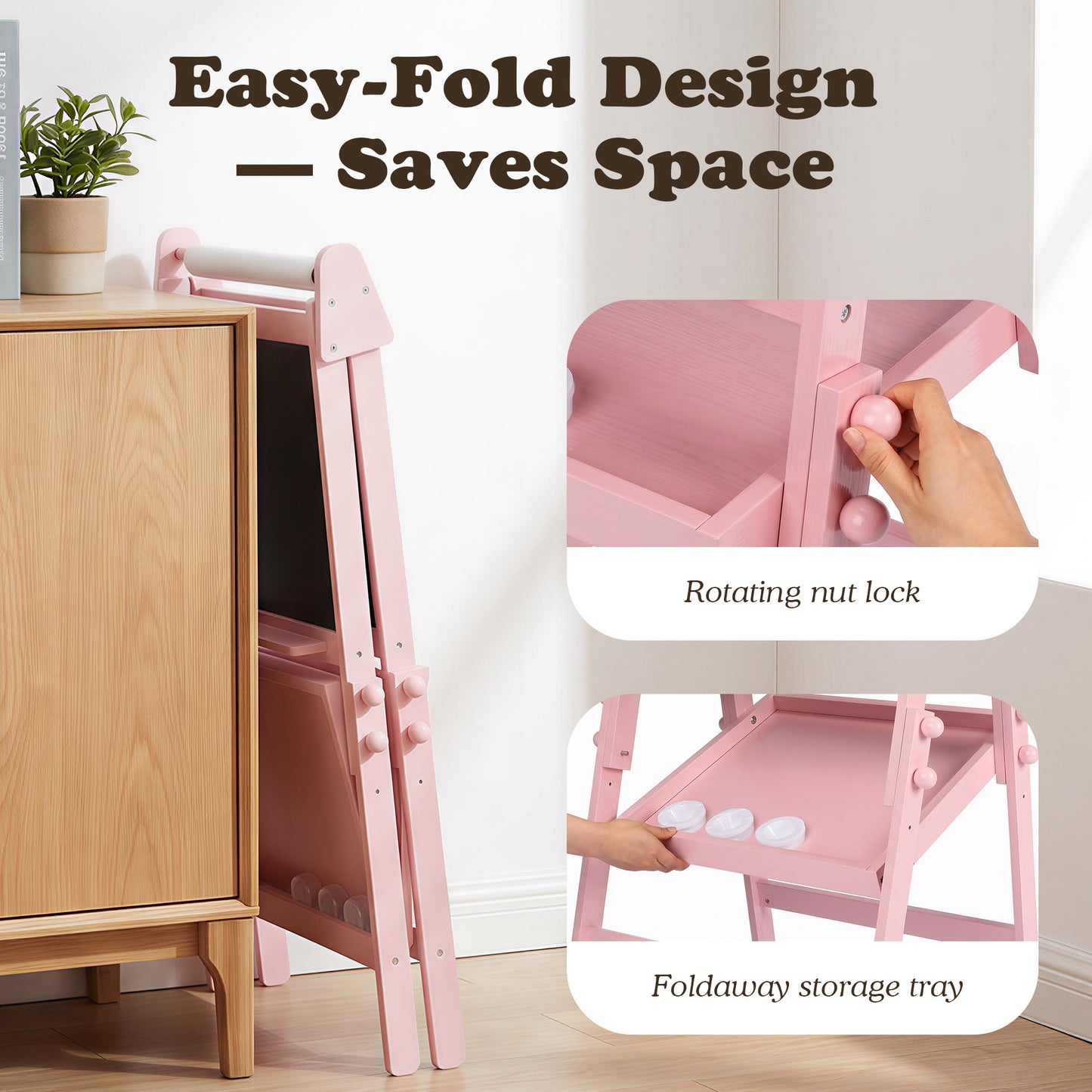 LINLUX 3 in 1 Kids Art Easel, Foldable Standing Easel with Double Sided Drawing Board and Height Adjustable, Pink