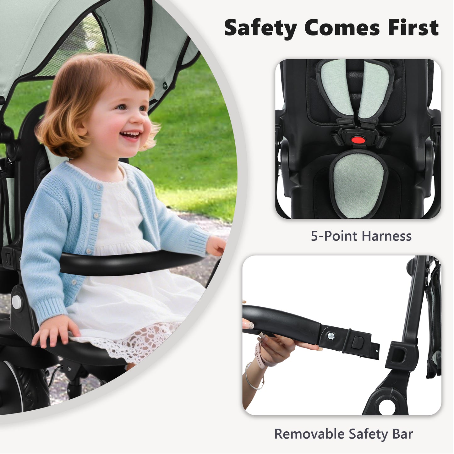 AILEEKISS 8-in-1 Kids' Tricycle Stroller, Folding Toddler Bicycle Unisex Ride Trike 1-6 Years, Mint Green