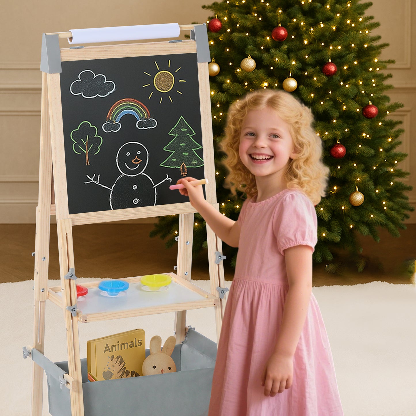 LINLUX Double-Sided Art Easel for Kids, 3 in 1 Wooden Kids Easel w/Paper Roller & Art Supplies, Grey