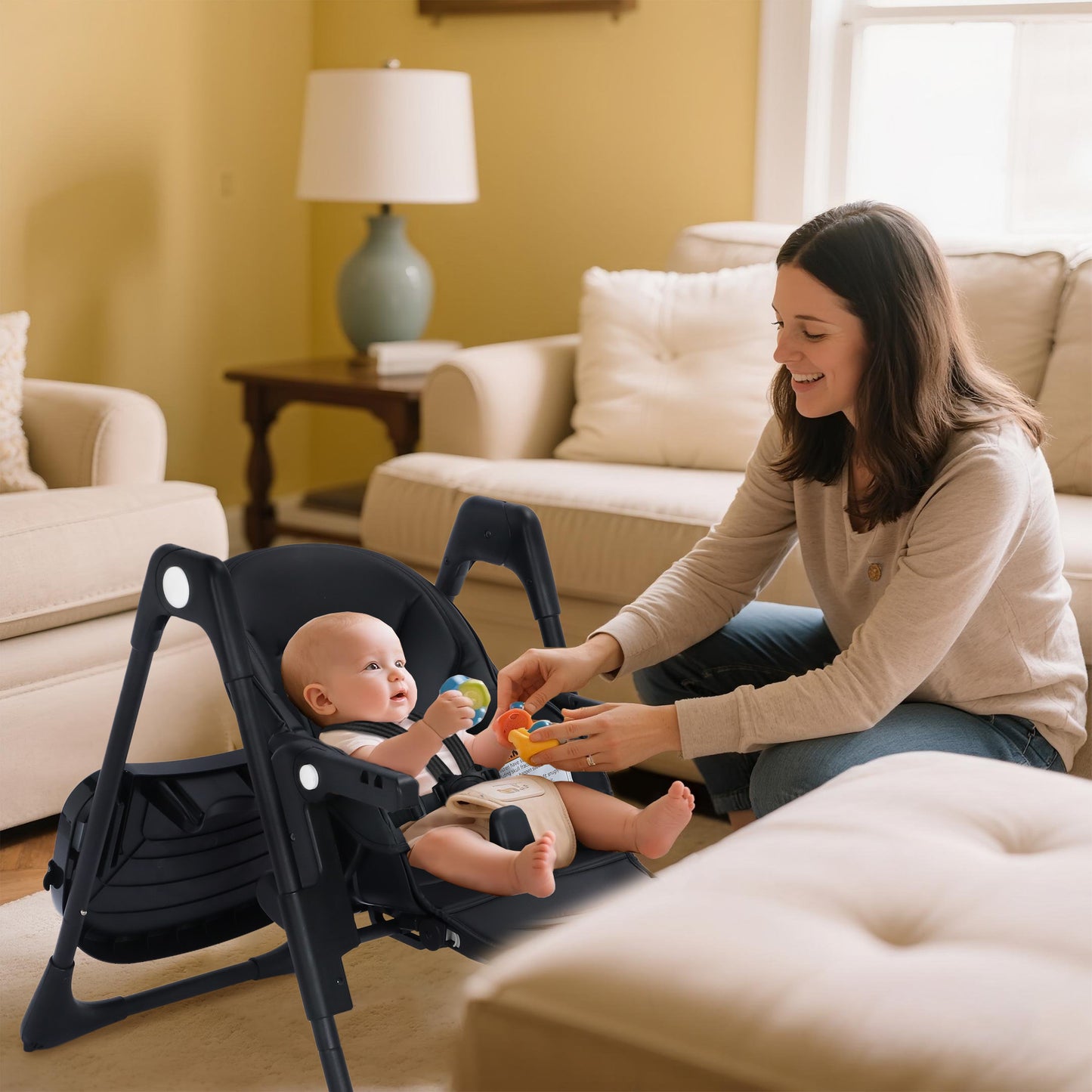 AILEEKISS Foldable High Chair for Baby, Toddler Eating Chair with Detachable Double Trays, Black