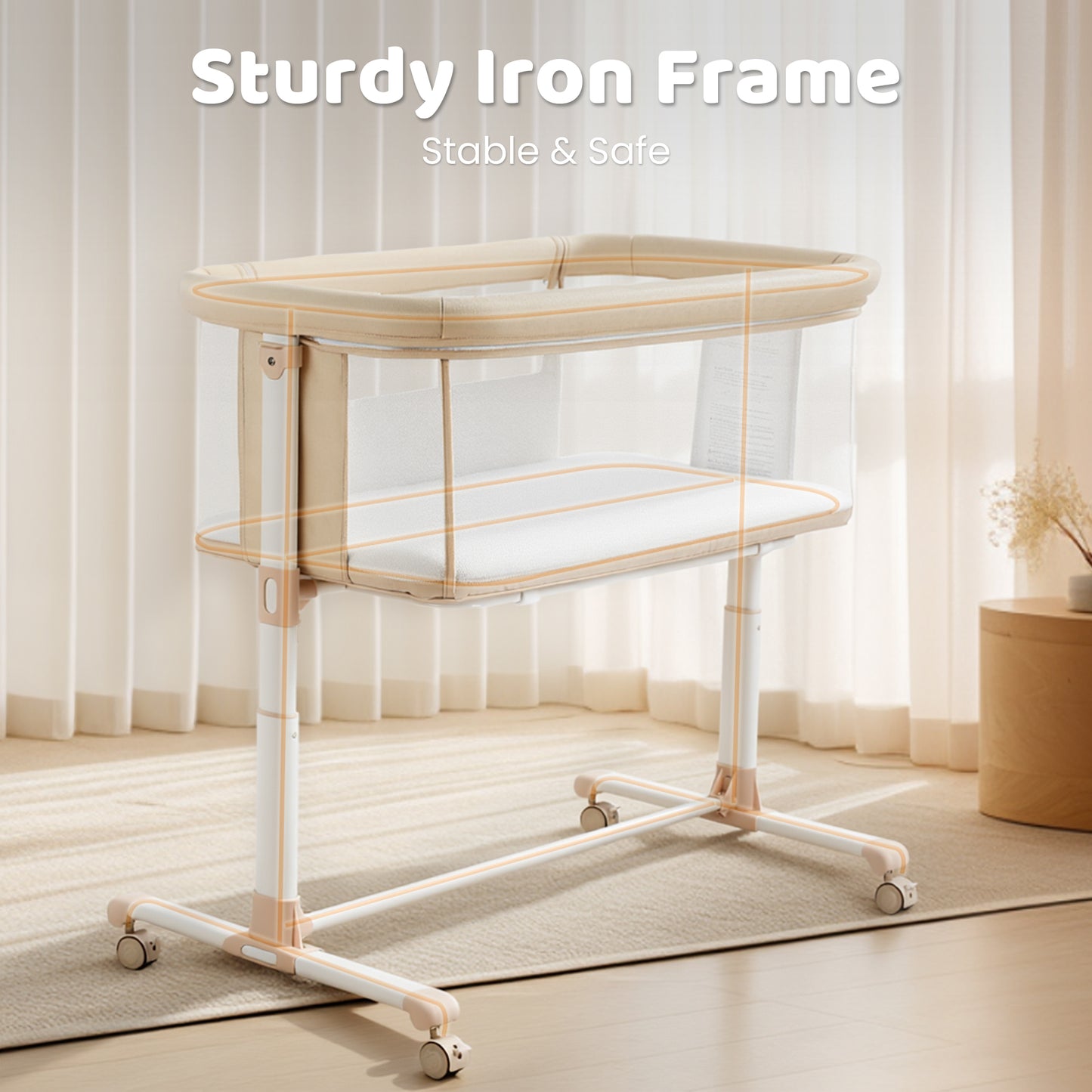 AILEEKISS Baby Bassinet Bedside Sleeper, Height Adjustable Newborn Baby Bassinet with Wheels, Beige