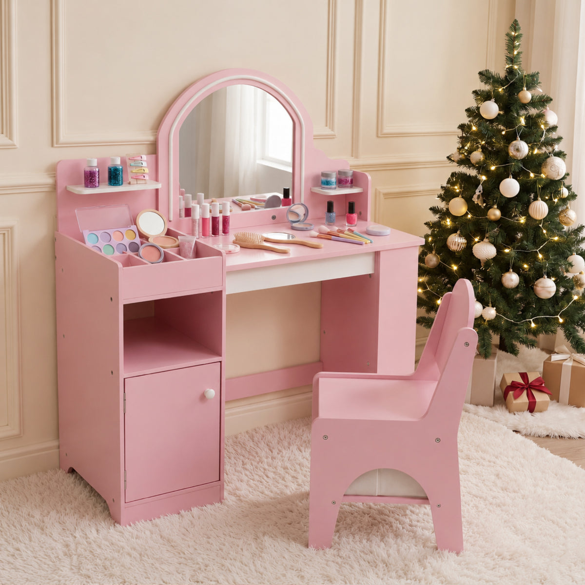 AILEEKISS Kids Vanity Set with Stool, Pretend Play Makeup Table with Jewelry Storage, Pink
