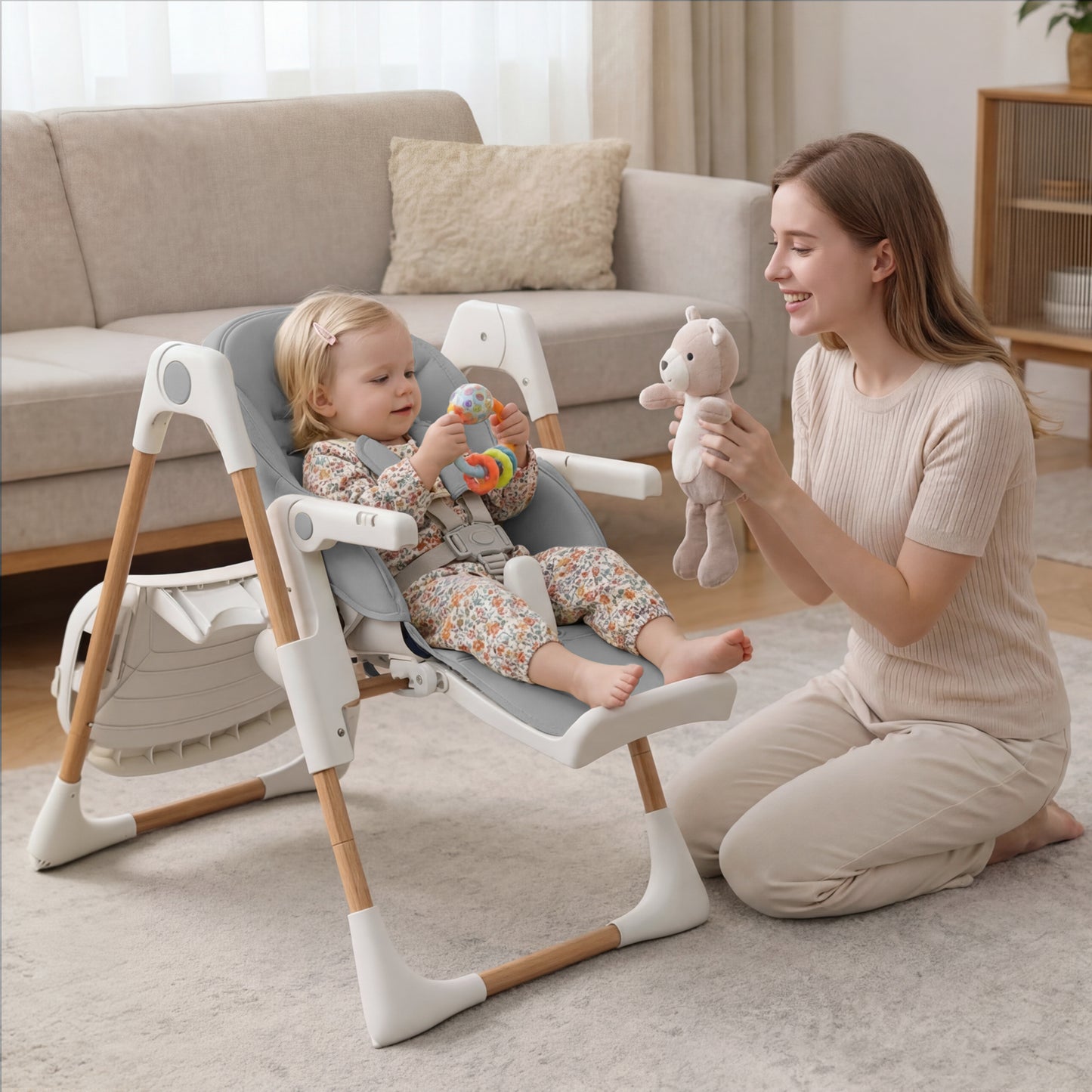 AILEEKISS Foldable High Chair for Baby, Toddler Eating Chair with Detachable Double Trays, Natural Grey