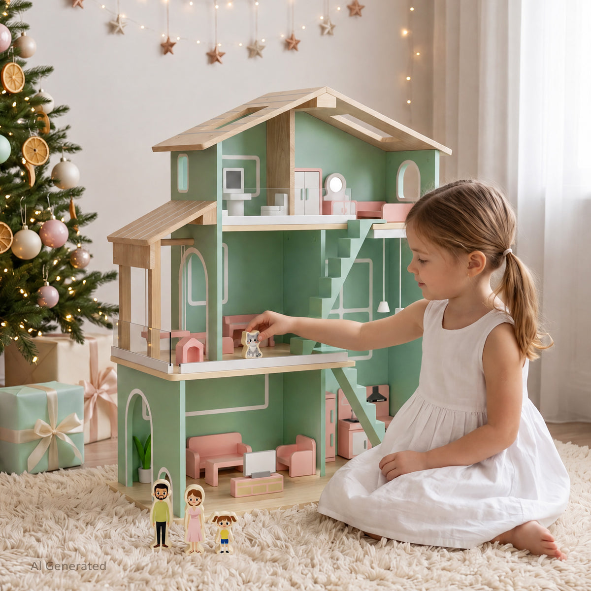 AILEEKISS Dollhouse for Kids with 20 Pieces Furniture Set, 3-Story Dream House with Puzzle Patio, Green