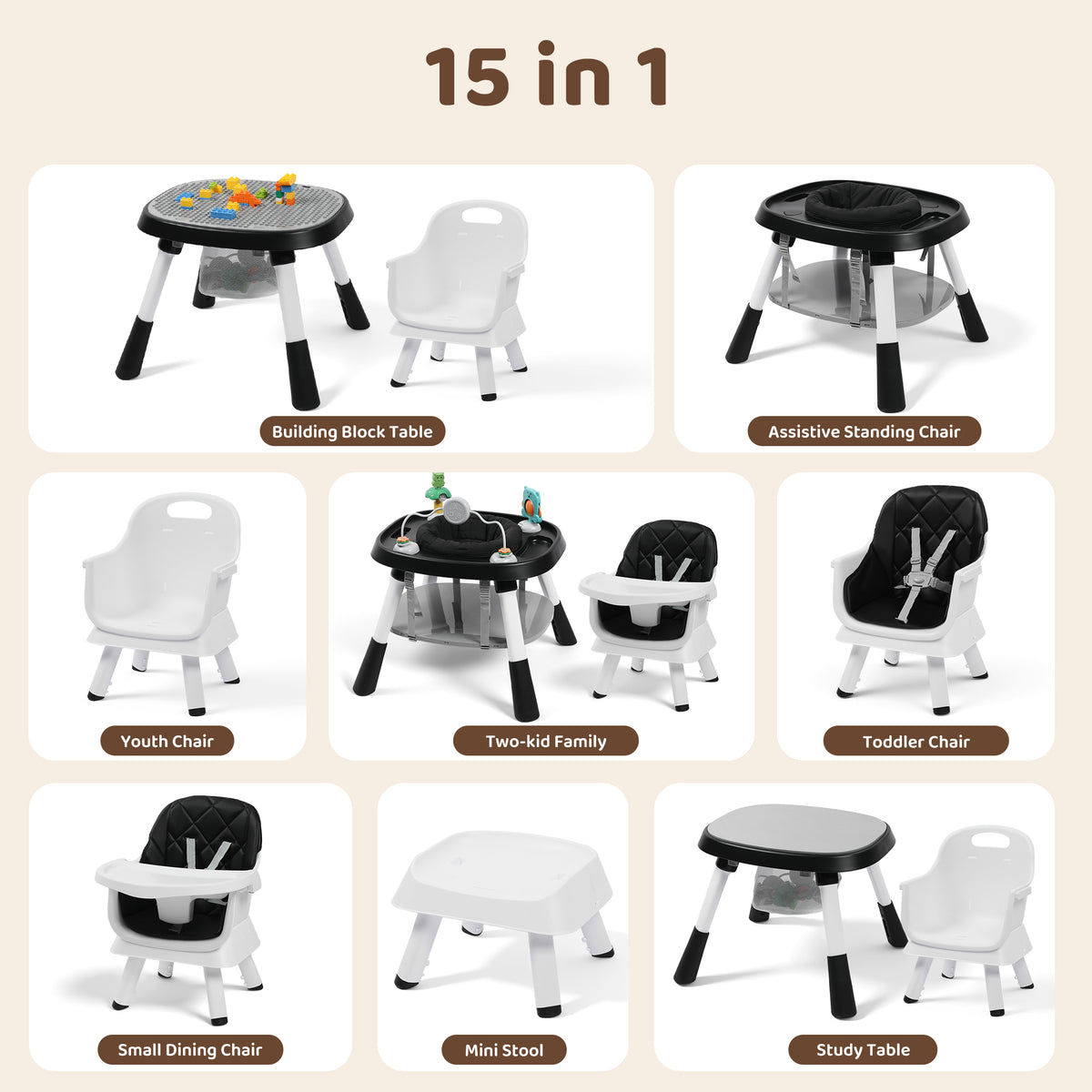AILEEKISS 15 in 1 Baby High Chair, Toddler Dining Booster Seat w/Activity Center, Black