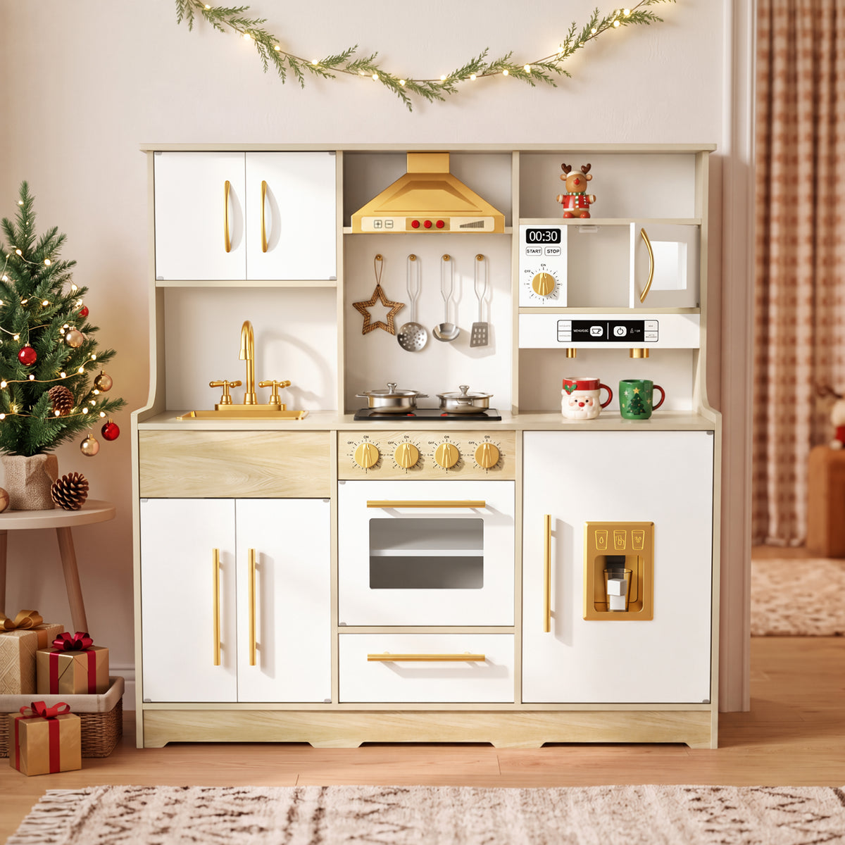 AILEEKISS Wood Kids Play Kitchen, Pretend Kitchen Playset for Children Age 3 Years up, Grain