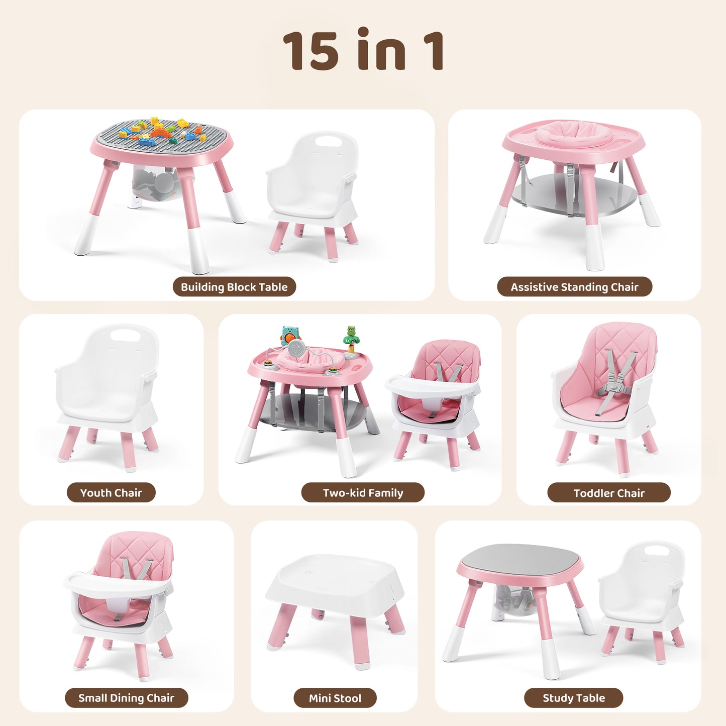 AILEEKISS 15 in 1 Baby High Chair, Toddler Dining Booster Seat w/Activity Center, Pink