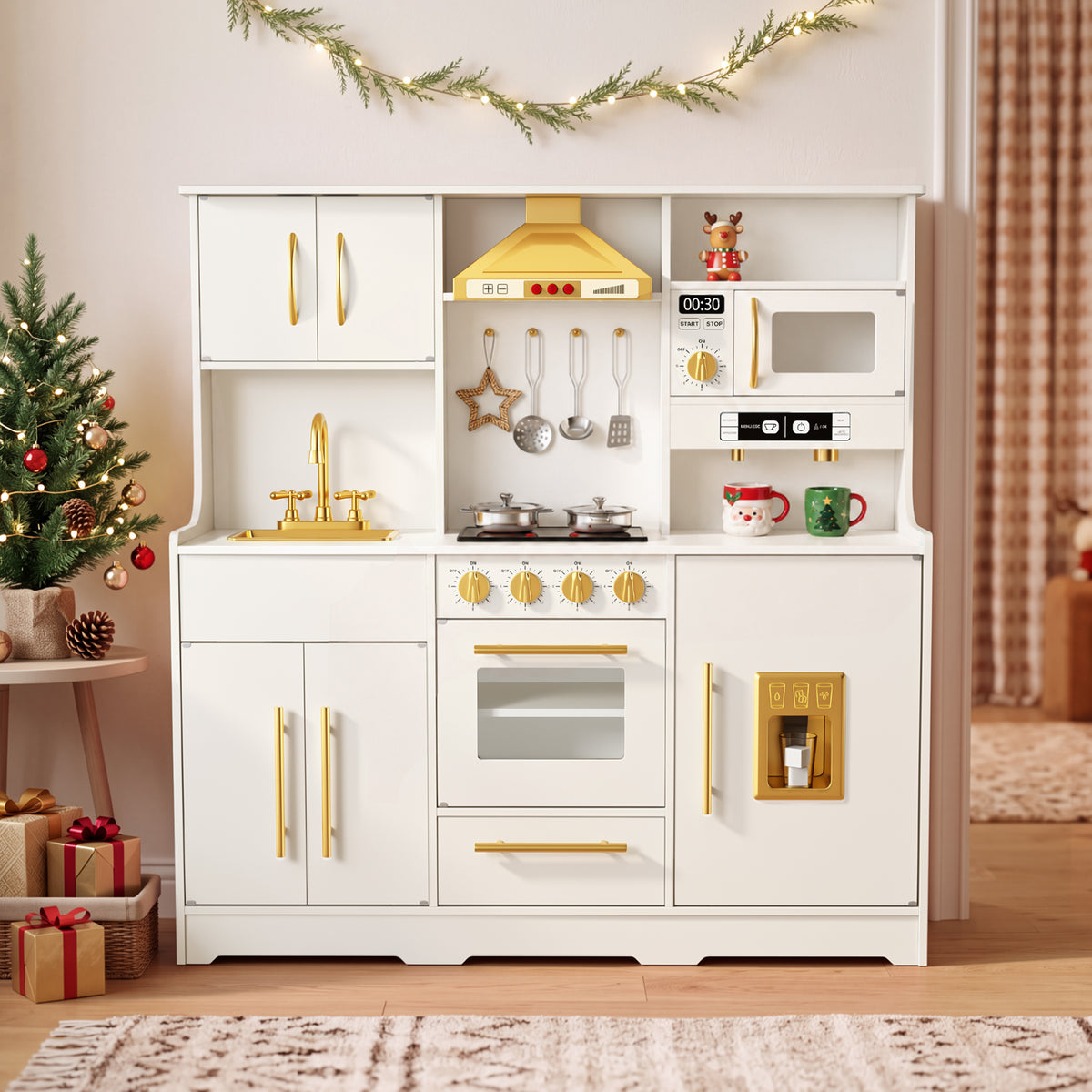 AILEEKISS Wood Kids Play Kitchen, Pretend Kitchen Playset for Children Age 3 Years up, White