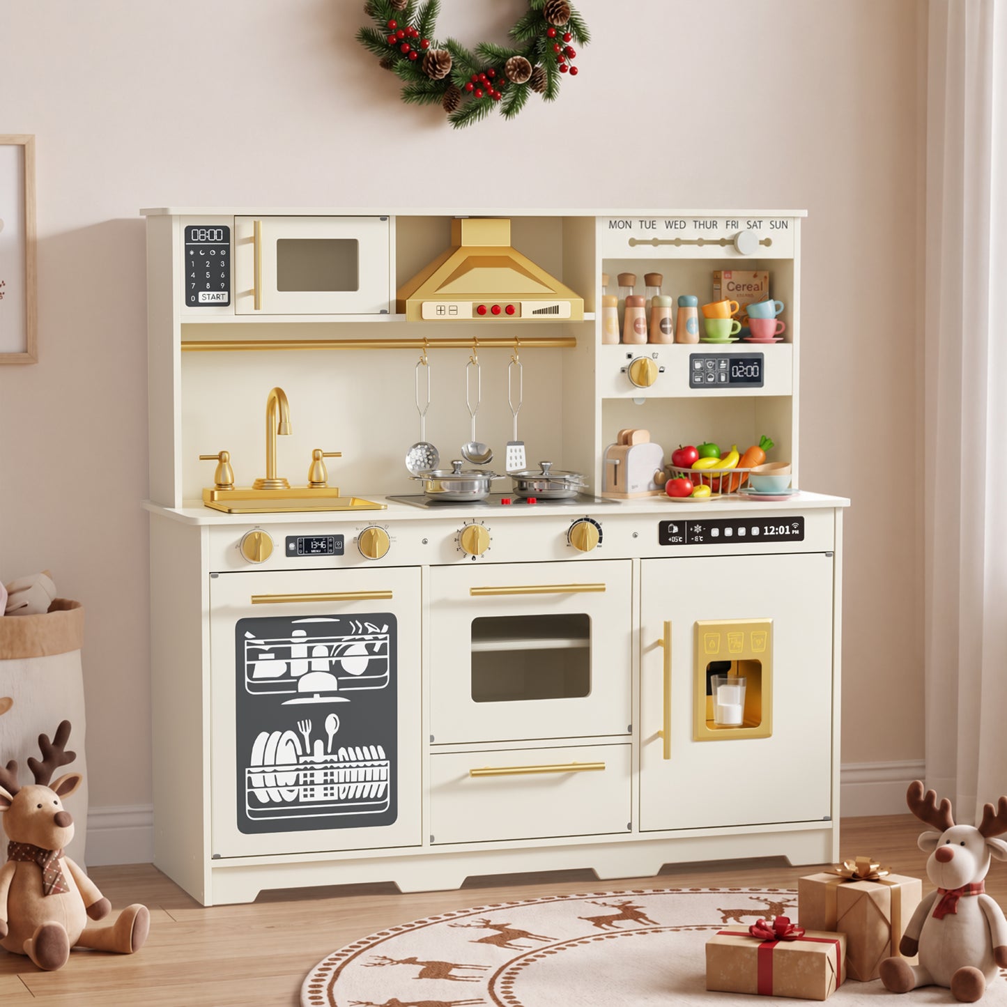 AILEEKISS Kids Toy Kitchen for Children, Pretend Kids Play Kitchen Set with Cooking Accessories, Beige