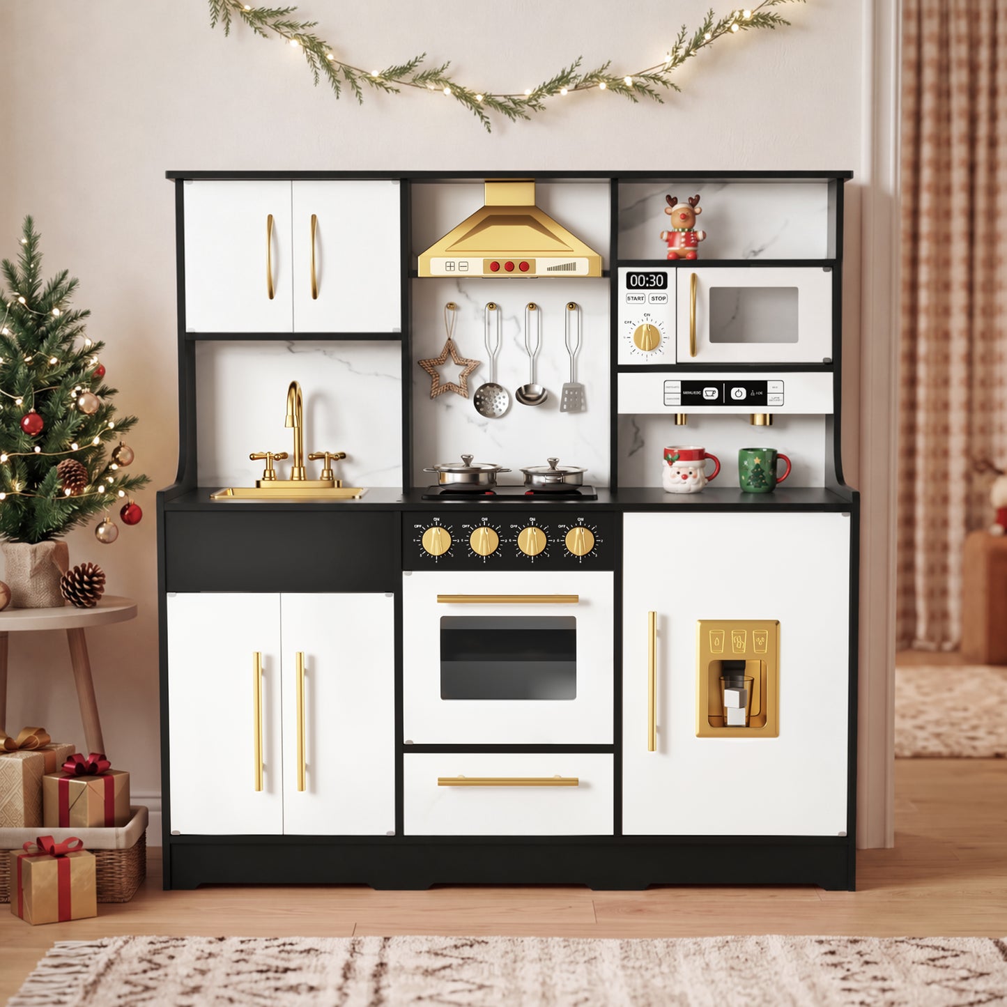 AILEEKISS Wood Kids Play Kitchen, Pretend Kitchen Playset for Children Age 3 Years up, Black