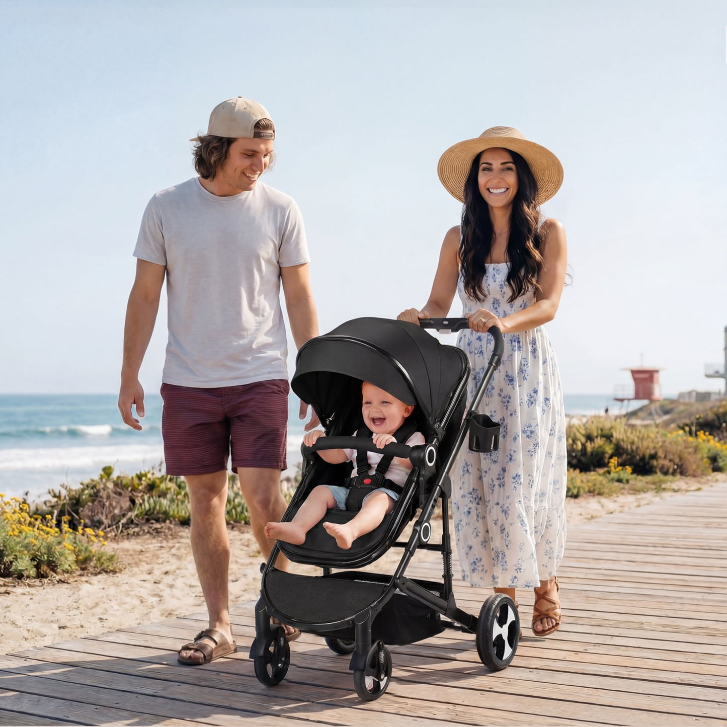 AILEEKISS 3 in 1 Convertible Baby Stroller, Unisex Folding Newborn Stroller with Big Seat, Black