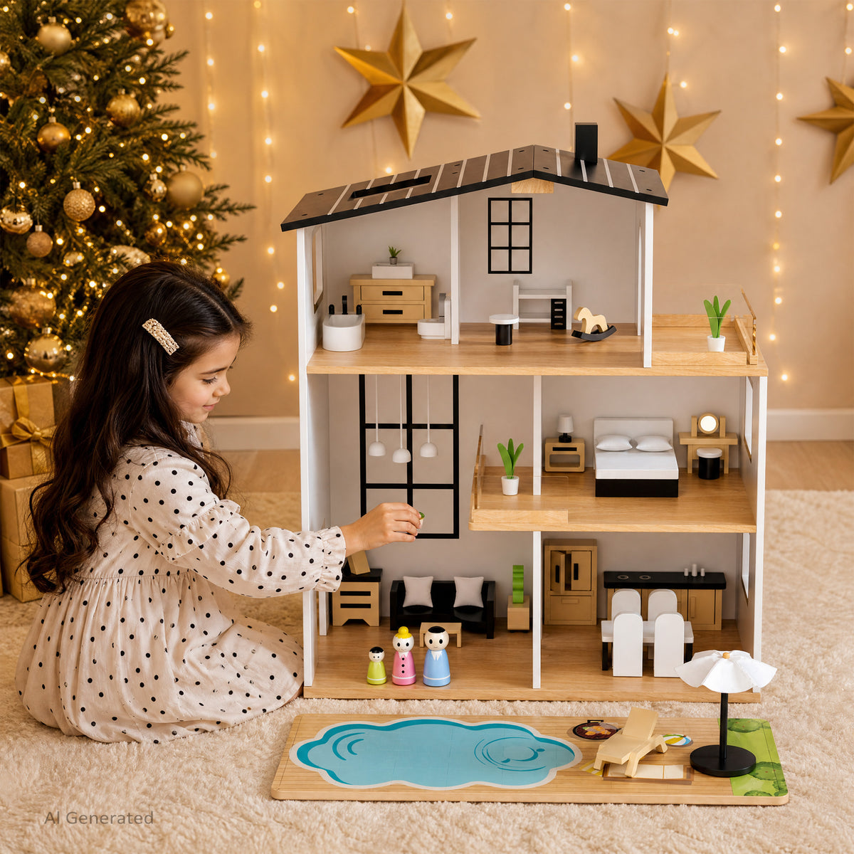 AILEEKISS Dollhouse for Kids with 35 Pieces Furniture Set, 3-Story Dream House with Puzzle Patio, White