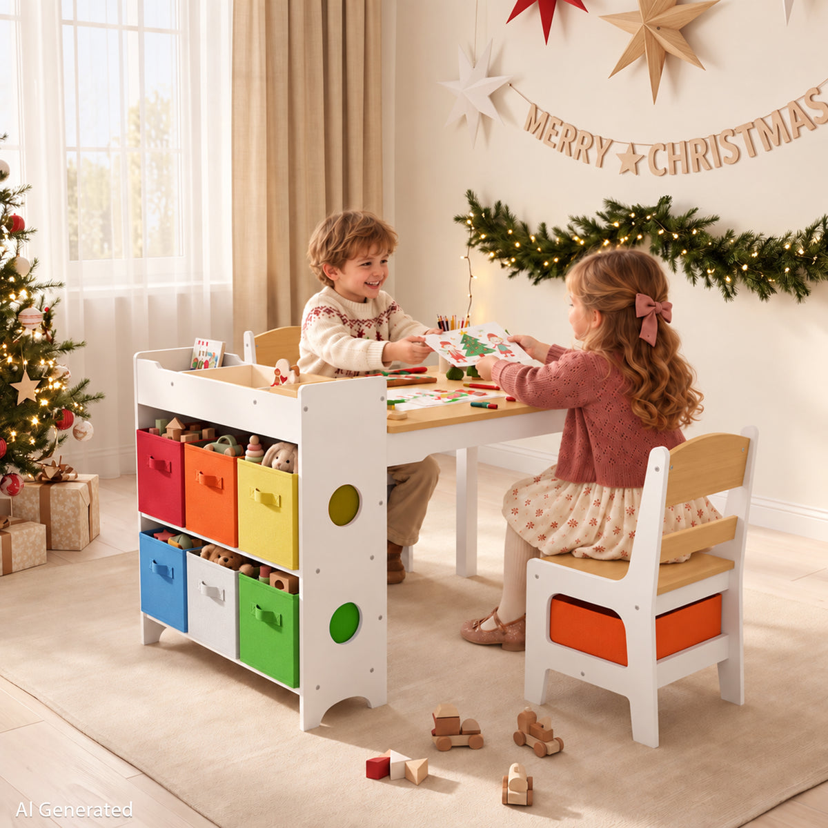 AILEEKISS Kids Table and Chair Set,Children Play Activity Desk for Drawing with 6 Drawers, Natural