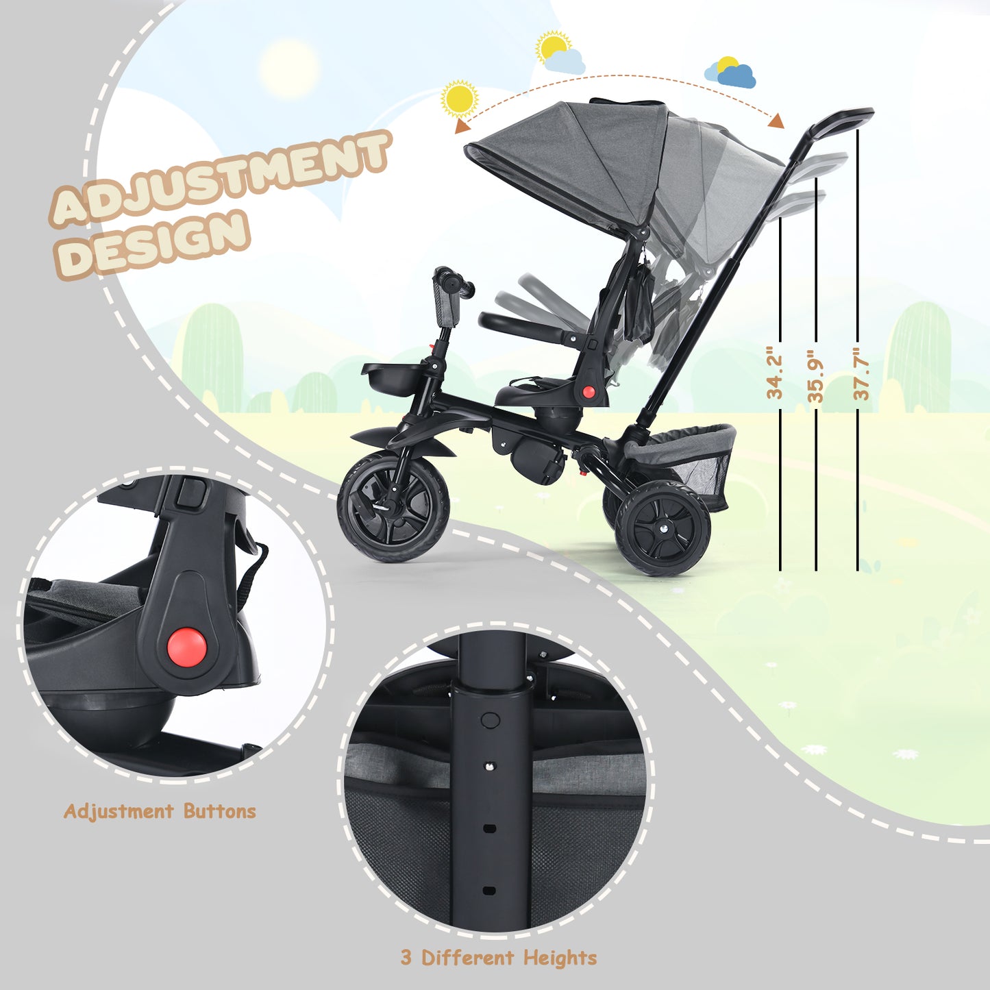 AILEEKISS Folding Kids' Tricycle, 8 IN 1 Baby Trike W/Removable Canpoy&Parental Push Rod, Toddler Bike Stroller for Kids 1-5 Years, Grey