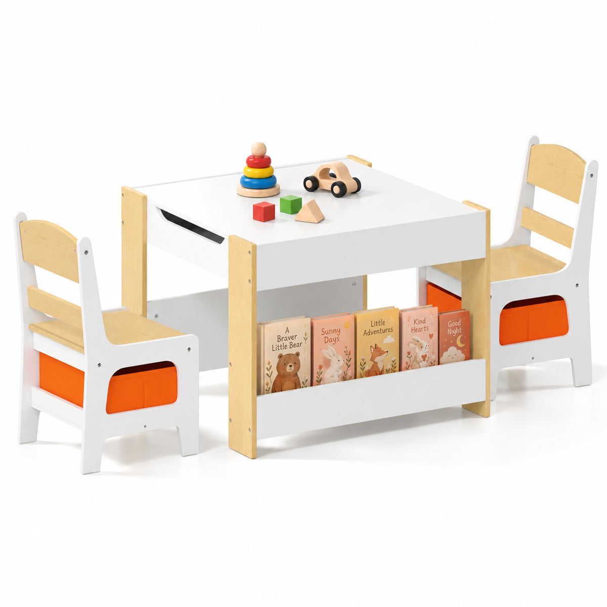 LINLUX Kids Table and Chair Set, Wooden Table Set for Kids, Child Activity Desk W/ Bookshelf, Natural