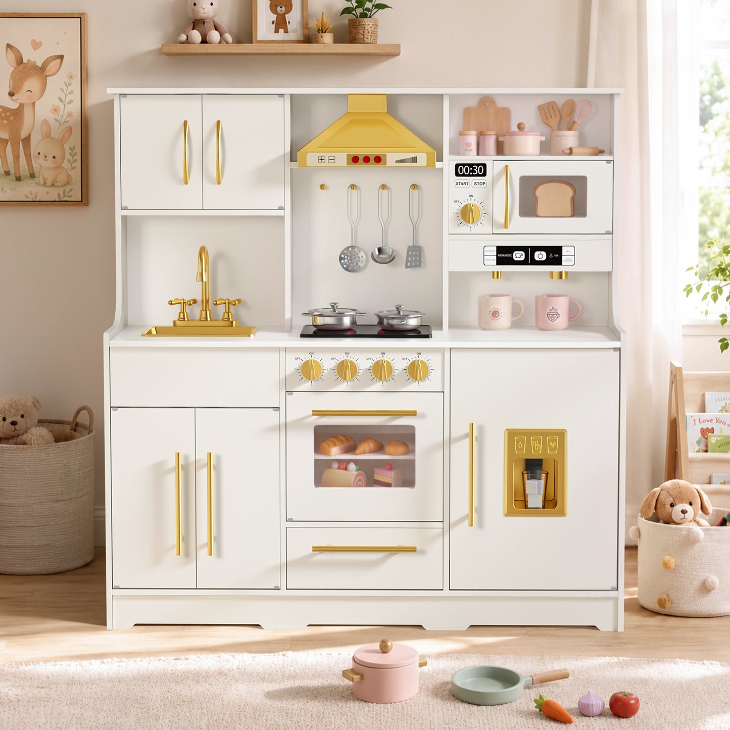 LINLUX Wooden Kids Kitchen Playset, Interactive Kitchen Toy with Sounds, Ice Maker & Oven, White