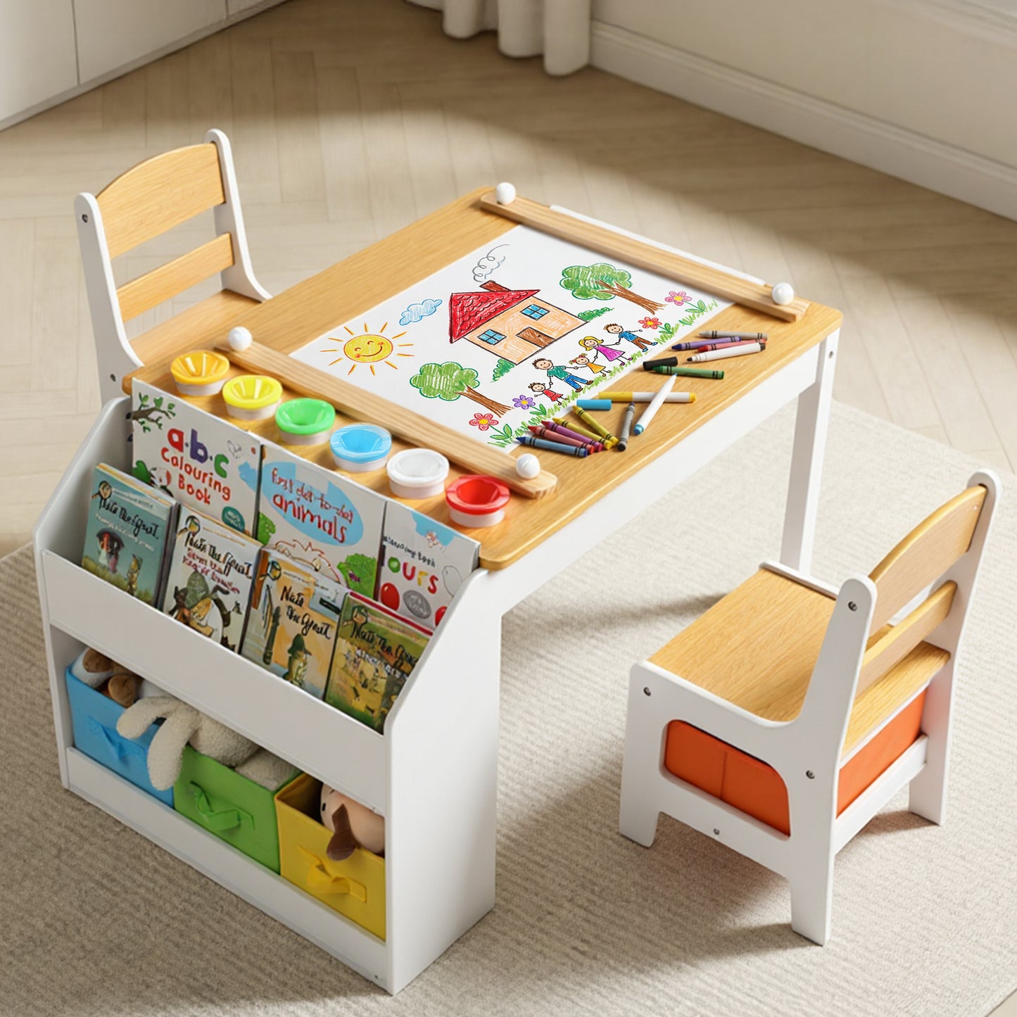 LINLUX Kids Table and Chairs Set, Kids Art Desk with Storage and Bookshelf for Drawing, Play, Learning, Natural