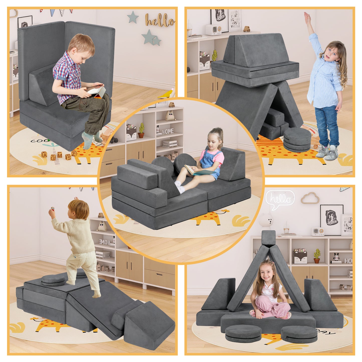 LINLUX 9 Pcs Kids Couch Sofa, Convertible Children Play Couch for Kids, Modular Sofa for Playroom