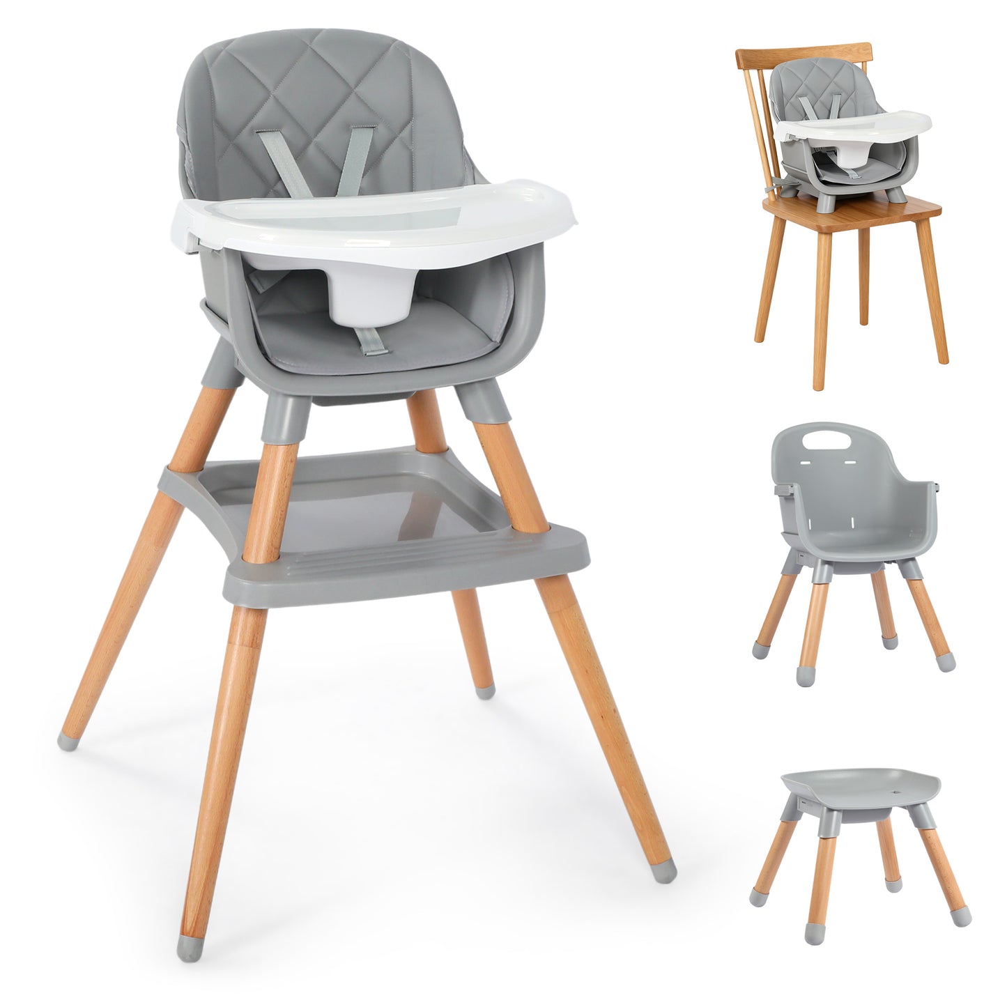 AILEEKISS 7 in 1 Wooden Baby High Chair Infant Feeding Chair with Removable Tray