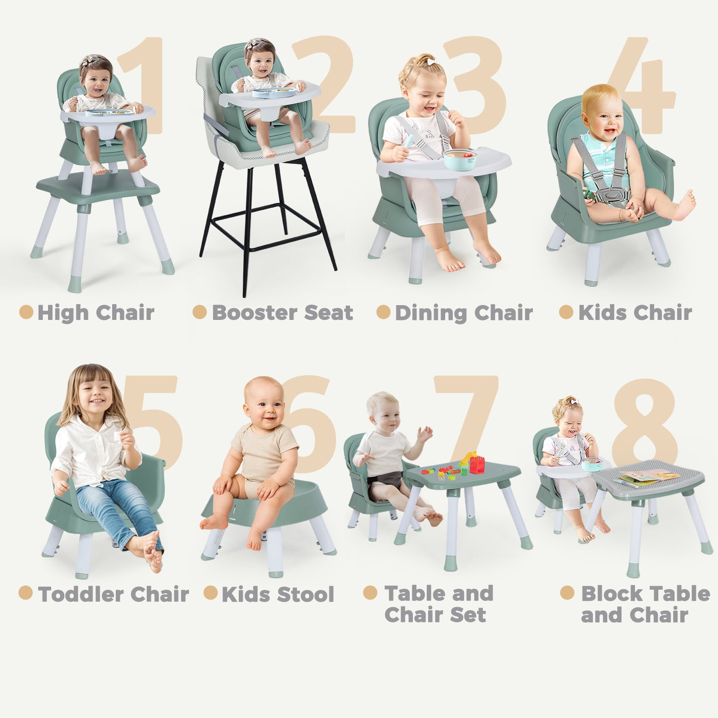 AILEEKISS 8 in 1 Baby High Chair, Toddler Dining Booster Seat for Eating, Green