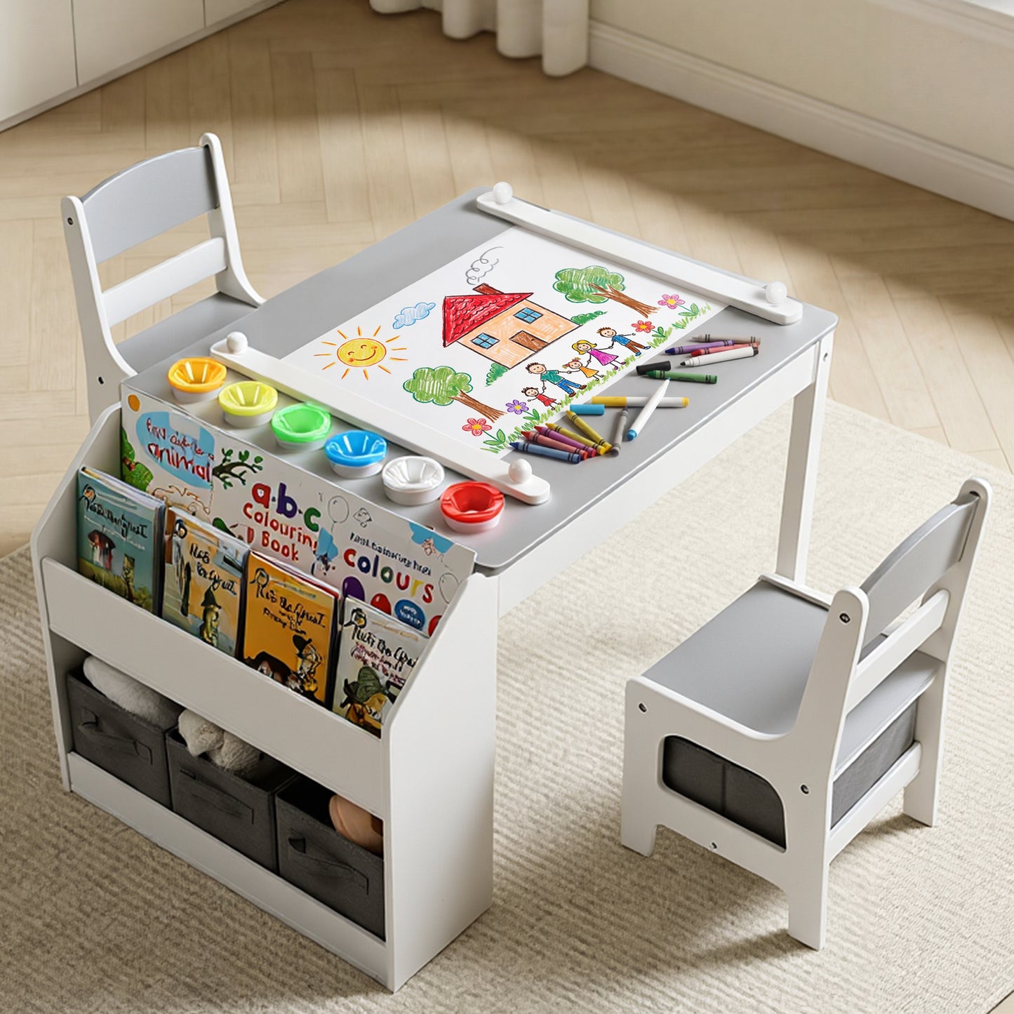 LINLUX Kids Table and Chairs Set, Kids Art Desk with Storage and Bookshelf for Drawing, Play, Learning, Gray