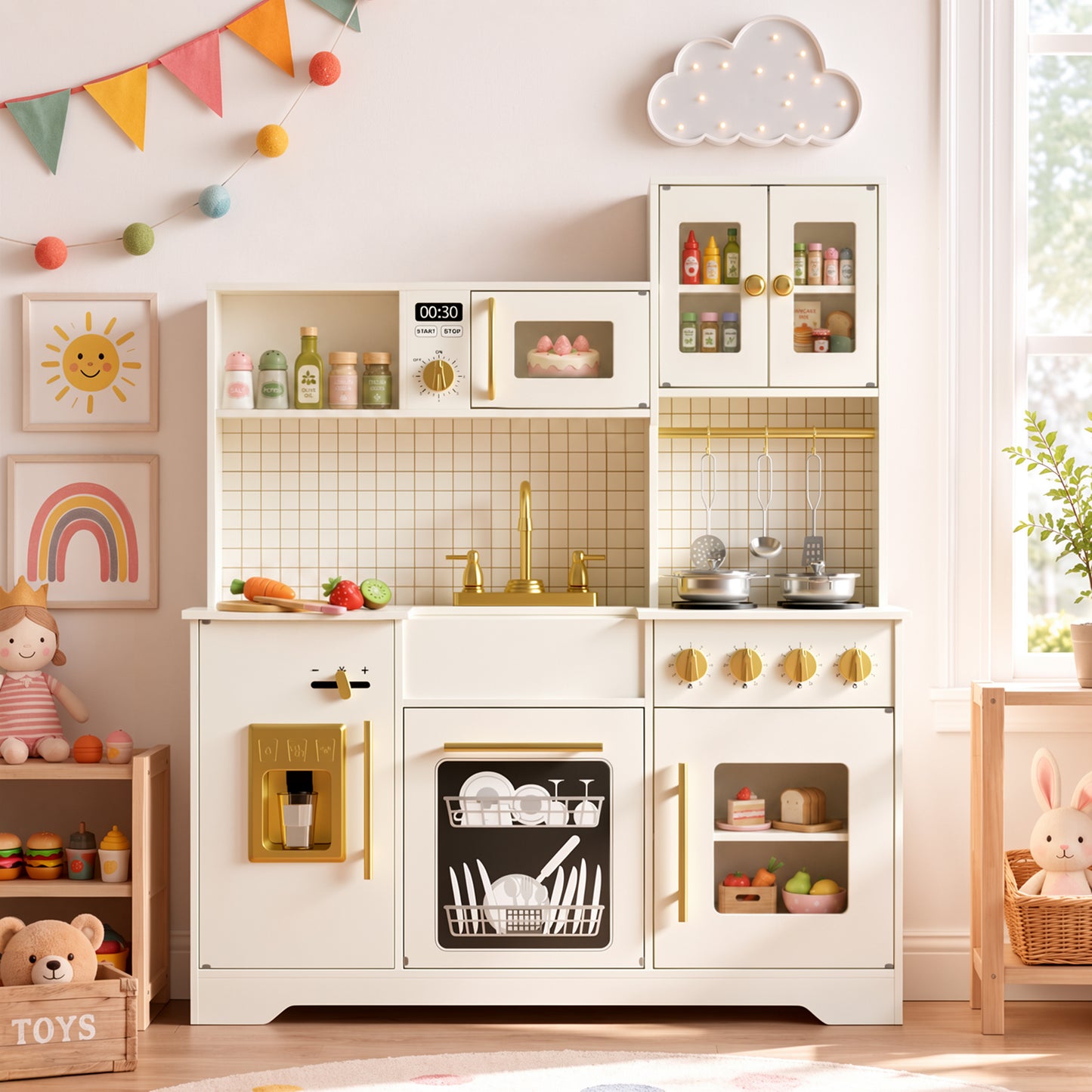 LINLUX Wooden Kids Kitchen Playset, Pretend Kitchen Toy with Rotating Faucet & Ice Maker, Beige