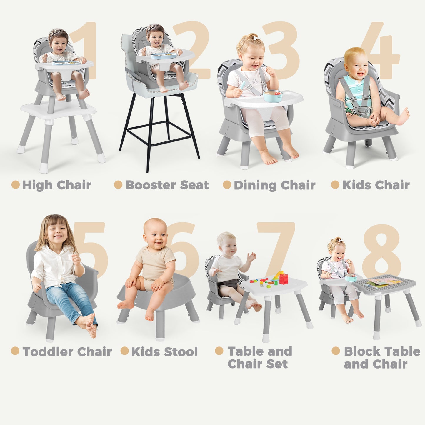 AILEEKISS 8 in 1 Baby High Chair, Toddler Dining Booster Seat for Eating, Chevron