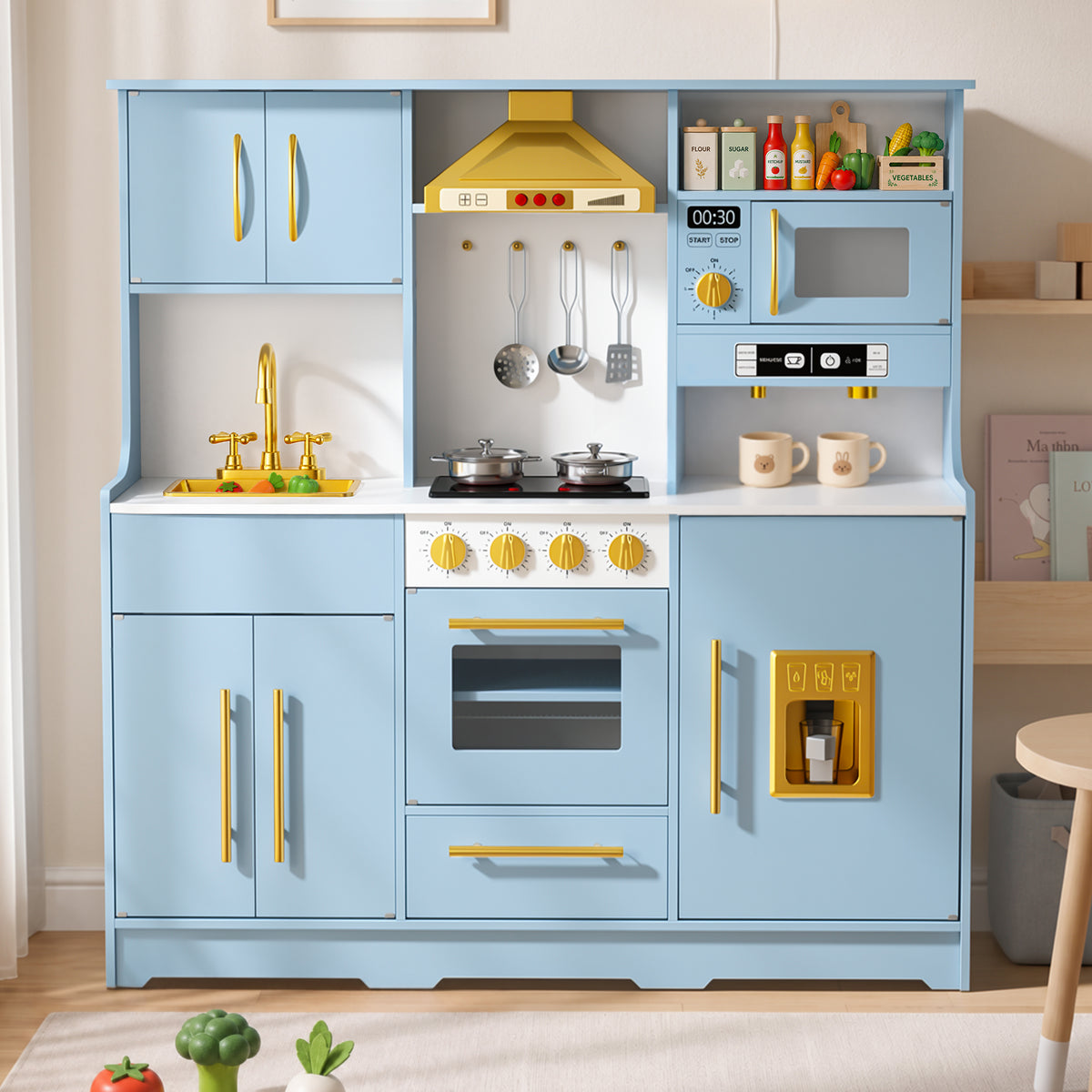 LINLUX Wooden Kids Kitchen Playset, Interactive Kitchen Toy with Sounds, Ice Maker & Oven, Blue