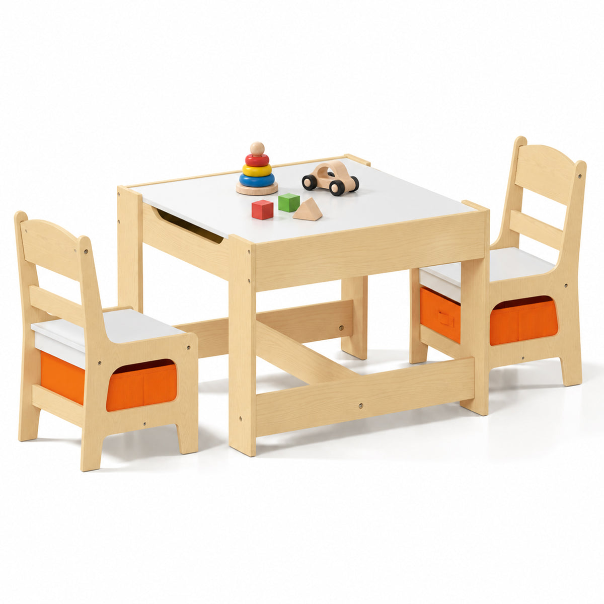 LINLUX Kids Table and 2 Chairs Set, Child Activity Table Chairs with Chalkboard/Whiteboard, Natural
