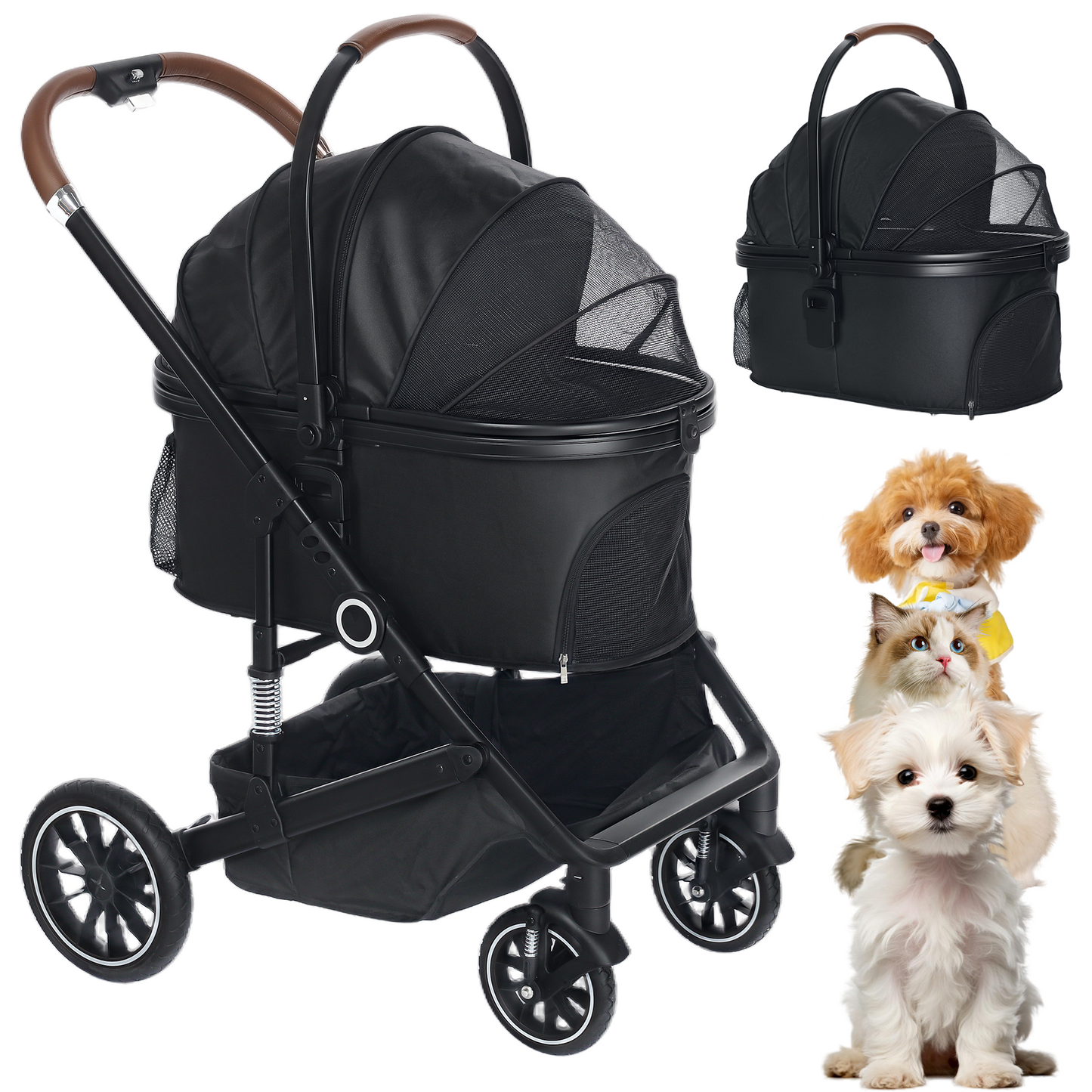 AILEEKISS 4-Wheeled Pet Stroller, Folding Cat and Dog Stroller with Brake, Up to 58 LBS, Black