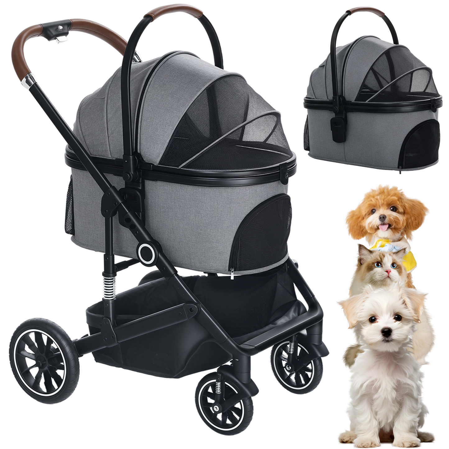AILEEKISS 4-Wheeled Pet Stroller, Folding Cat and Dog Stroller with Brake, up to 58 lbs, Grey