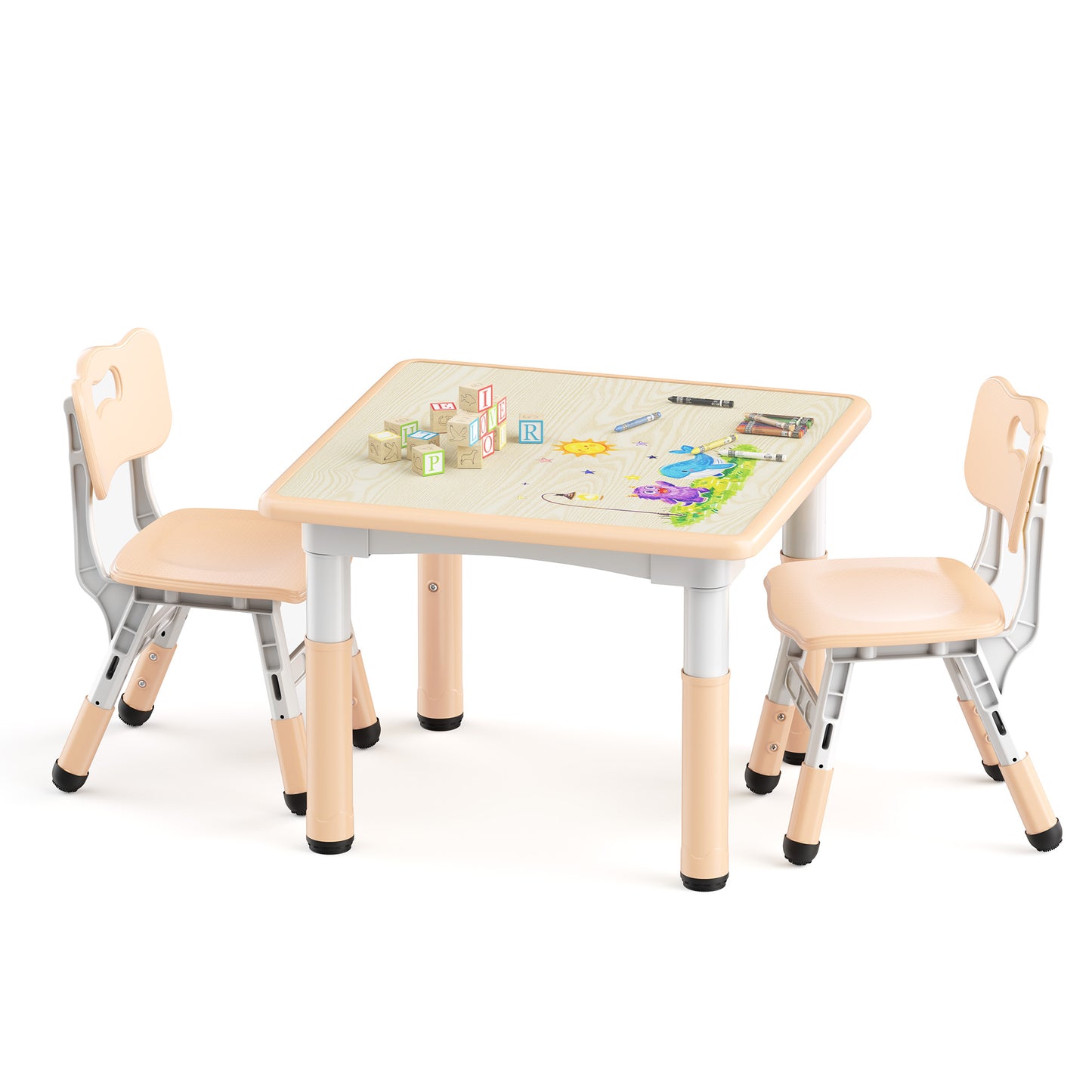 LINLUX Kids Table and 2 Chairs Set, Height Adjustable Table & Chairs, Activity Table for Toddlers, Beige