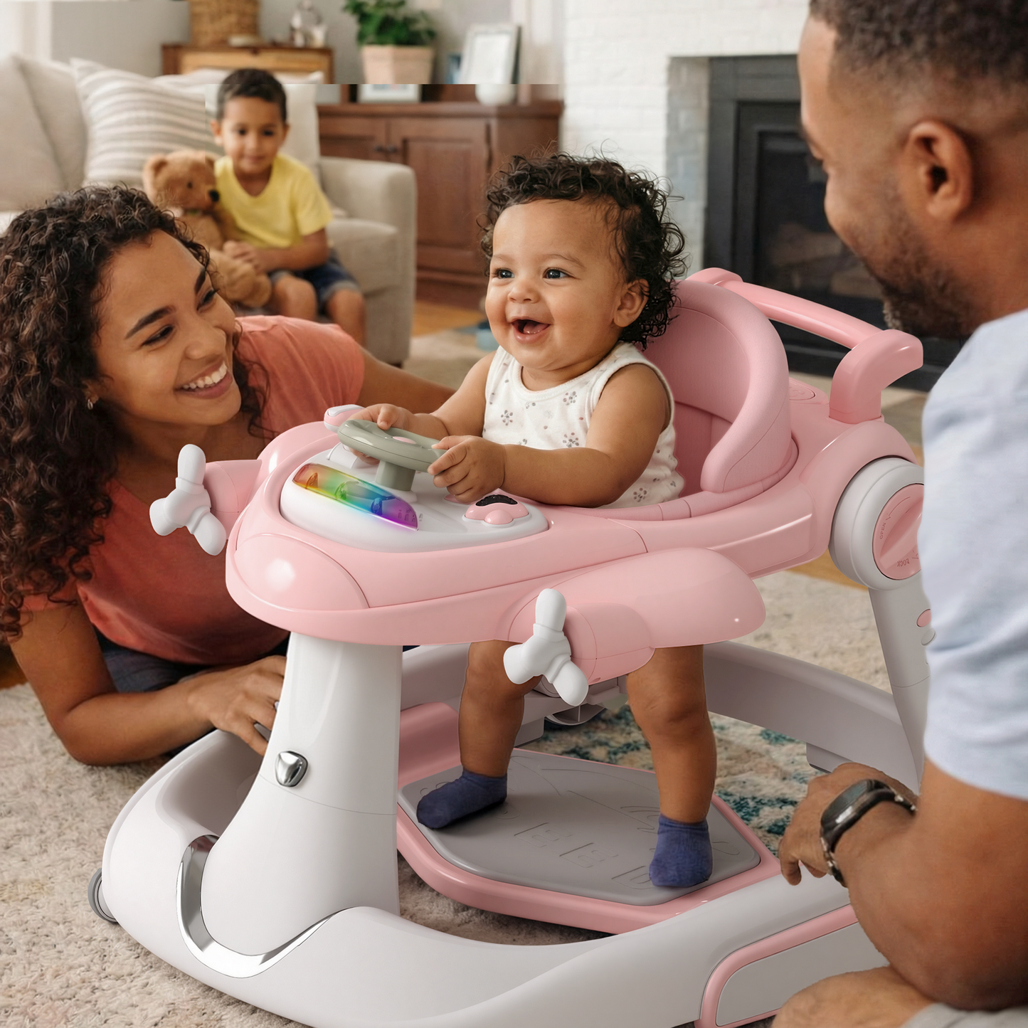 AILEEKISS 5-in-1 Musical Baby Walker with Wheels, Foldable Baby Walker for Boys Girls, Pink& Beige