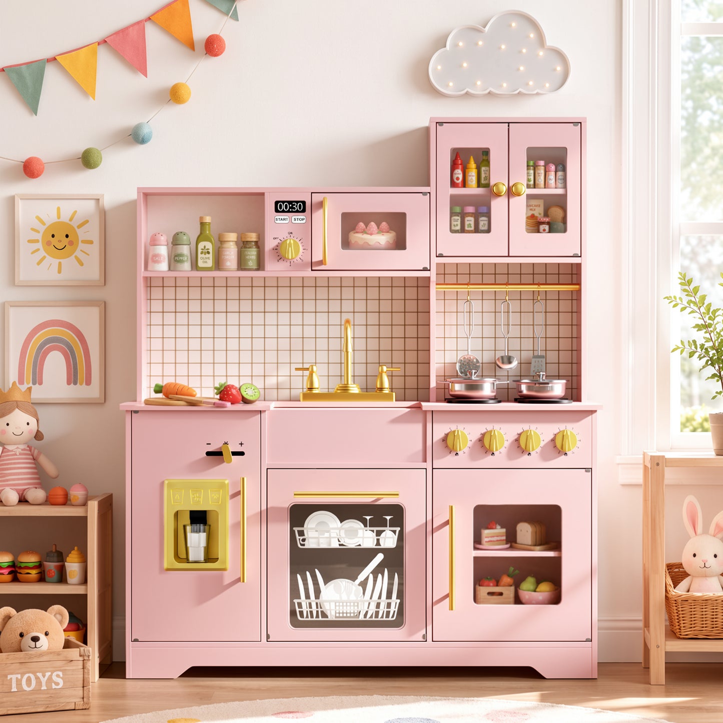 LINLUX Wooden Kids Kitchen Playset, Pretend Kitchen Toy with Rotating Faucet & Ice Maker, Pink